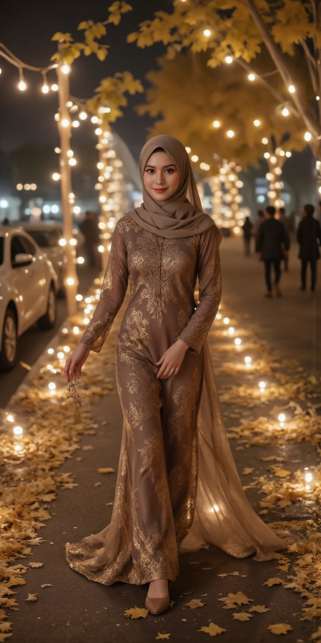 Dòu Bàn Jiàng a young girl dressed in elegant hijab,  brown hijab and brown festive attire gracefully walks down a beautif...