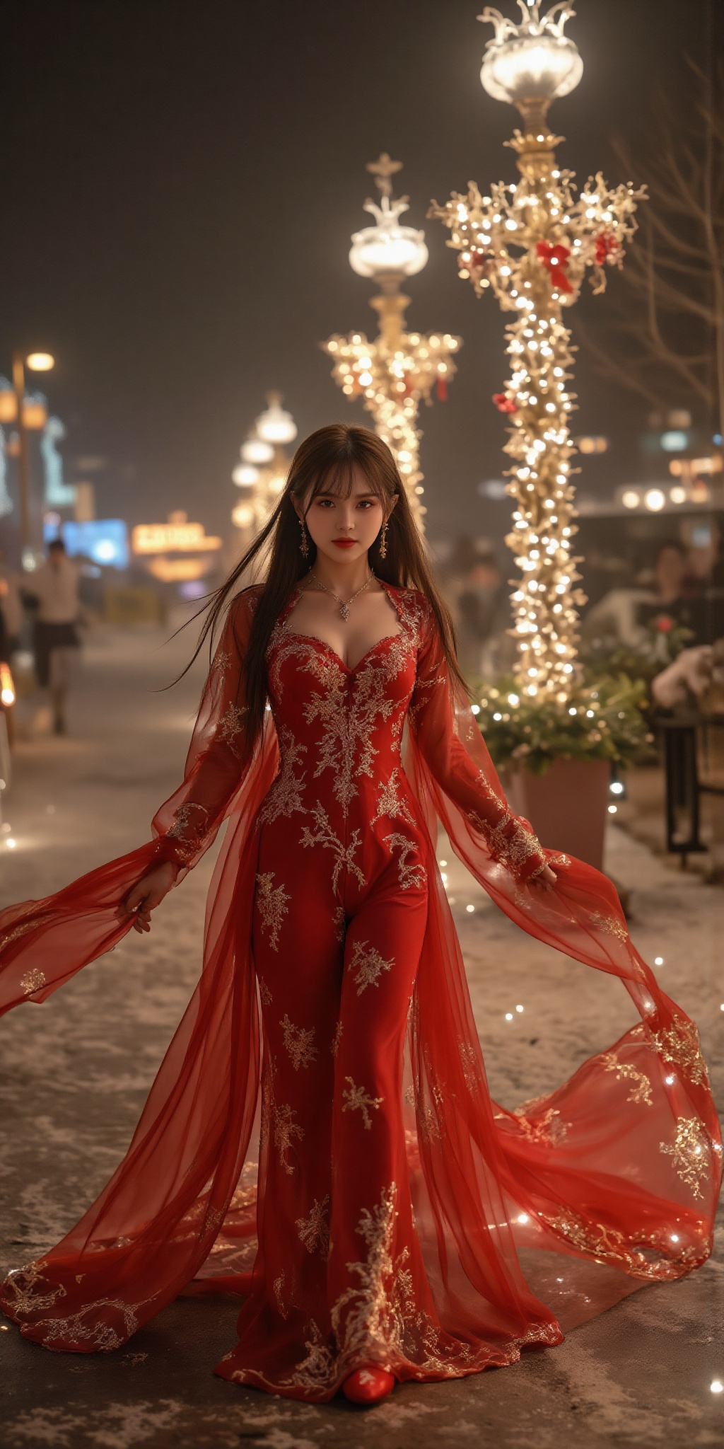 Dòu Bàn Jiàng a young girl dressed in elegant,  transparent see-through red festive attire gracefully walks down a beautif...