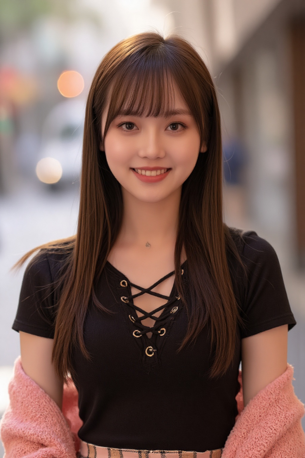 A photograph of Dòu Bàn Jiàng an attractive young Chinese woman with long straight brown hair and bangs,  smiling warmly....
