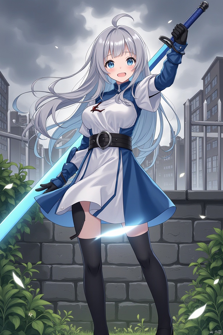 An animated image of a girl with long white hair and blue eyes. She is wearing a white and blue dress with a black belt around her waist. She has black boots on her feet and black gloves on her hands. Her hair is blowing in the wind and she is holding a sword in her right hand. The sword is a bright blue color. Behind her is a gray brick wall with green grass growing on it. Behind the wall is a white fence and behind the fence are buildings. The sky is filled with dark gray clouds.
