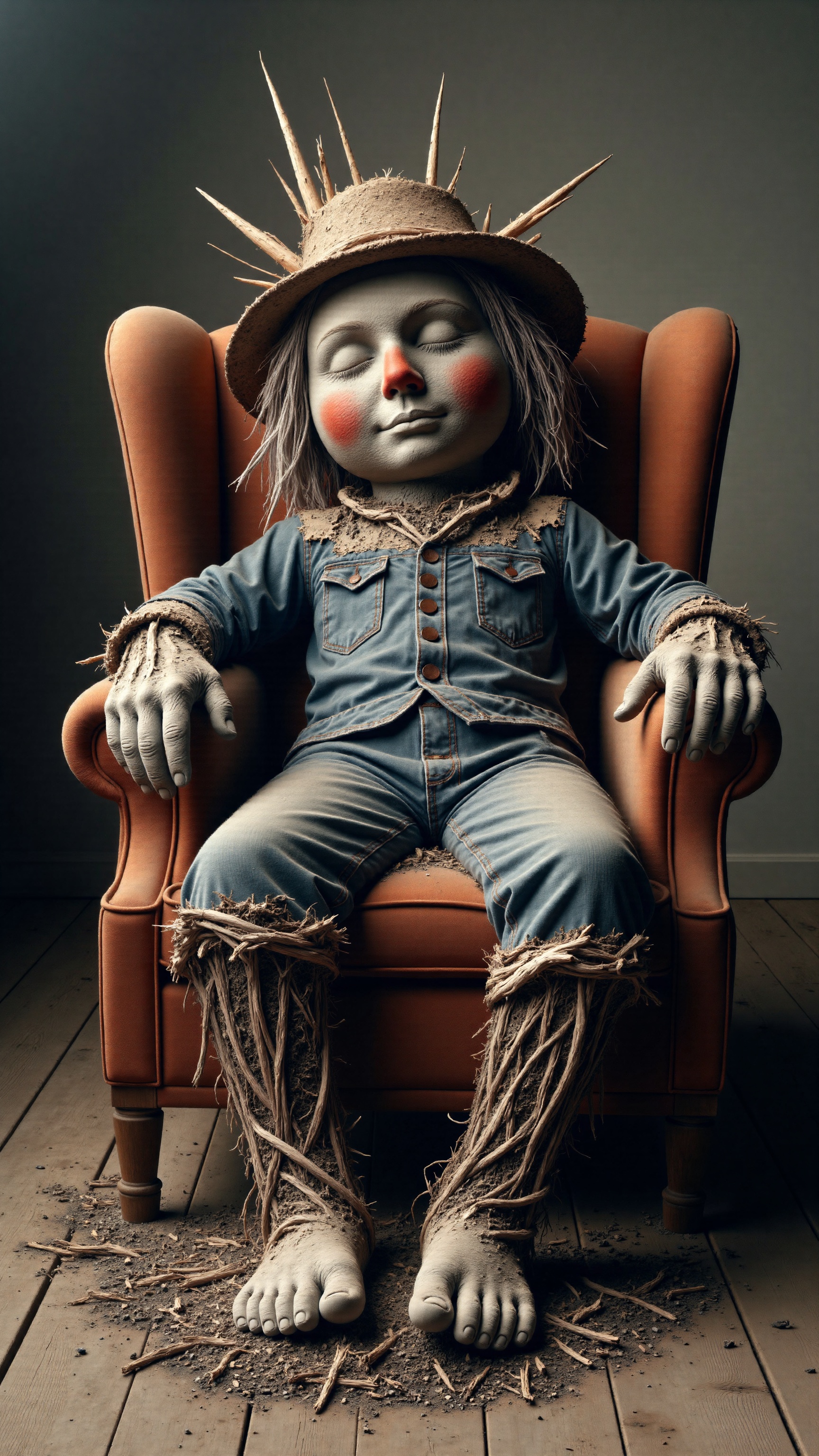 Photo of a scarecrow sitting in an armchair,  sleeping,  straw hat on Tensor.Art