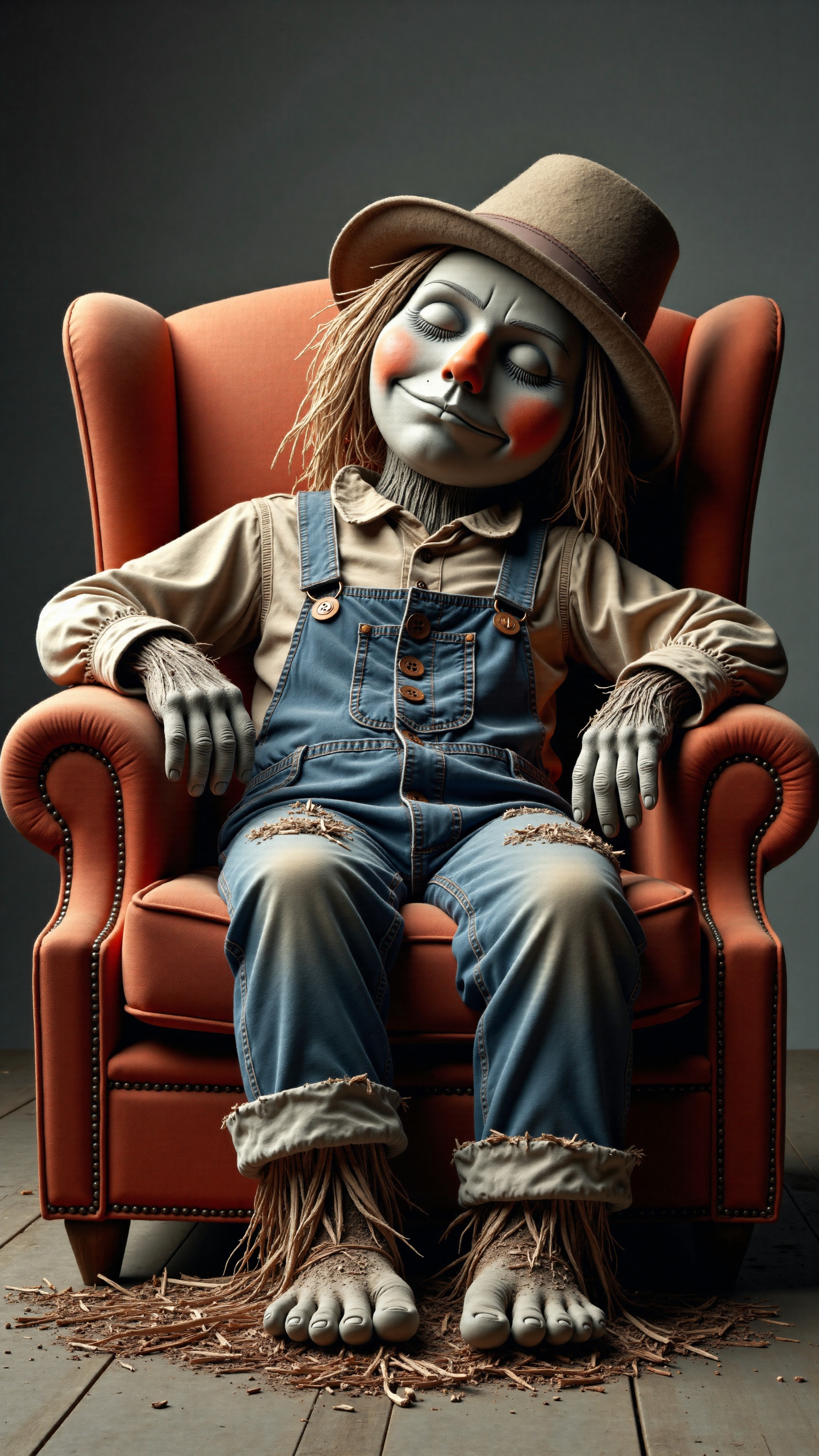 Photo of a scarecrow sitting in an armchair,  sleeping,  straw hat on Tensor.Art