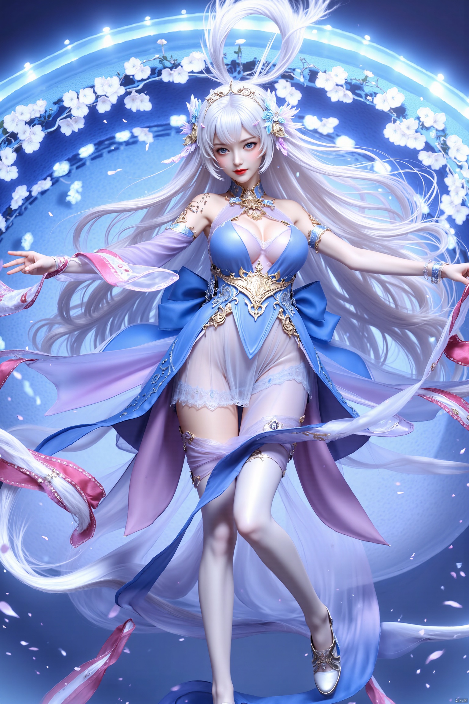 A woman with long white hair and blue eyes. She is wearing a blue and purple outfit with a gold belt. Her arms are outstretched and she is holding a red and white ribbon. The woman's hair is blowing in the wind and she has a bow on her head. There is a blue archway behind her with white flowers on it.
