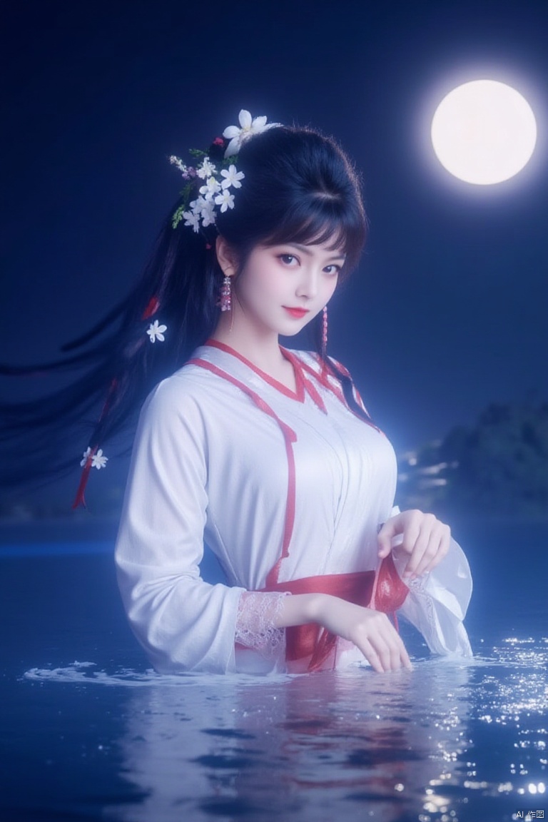 a medium-sized Asian woman, dressed in a white kimono, adorned with a red ribbon, stands in a body of water. Her hair is styled in a traditional Asian fashion, with long black hair tied up in a bow at the top of her head. She is adorned with two white flowers, adding a touch of color to her outfit. Her eyes are a piercing, and her lips are a darker shade of red. Her hands are positioned in front of her face, while her head is turned slightly to the right. The background is a deep blue, with a moon visible in the upper right corner of the frame.
