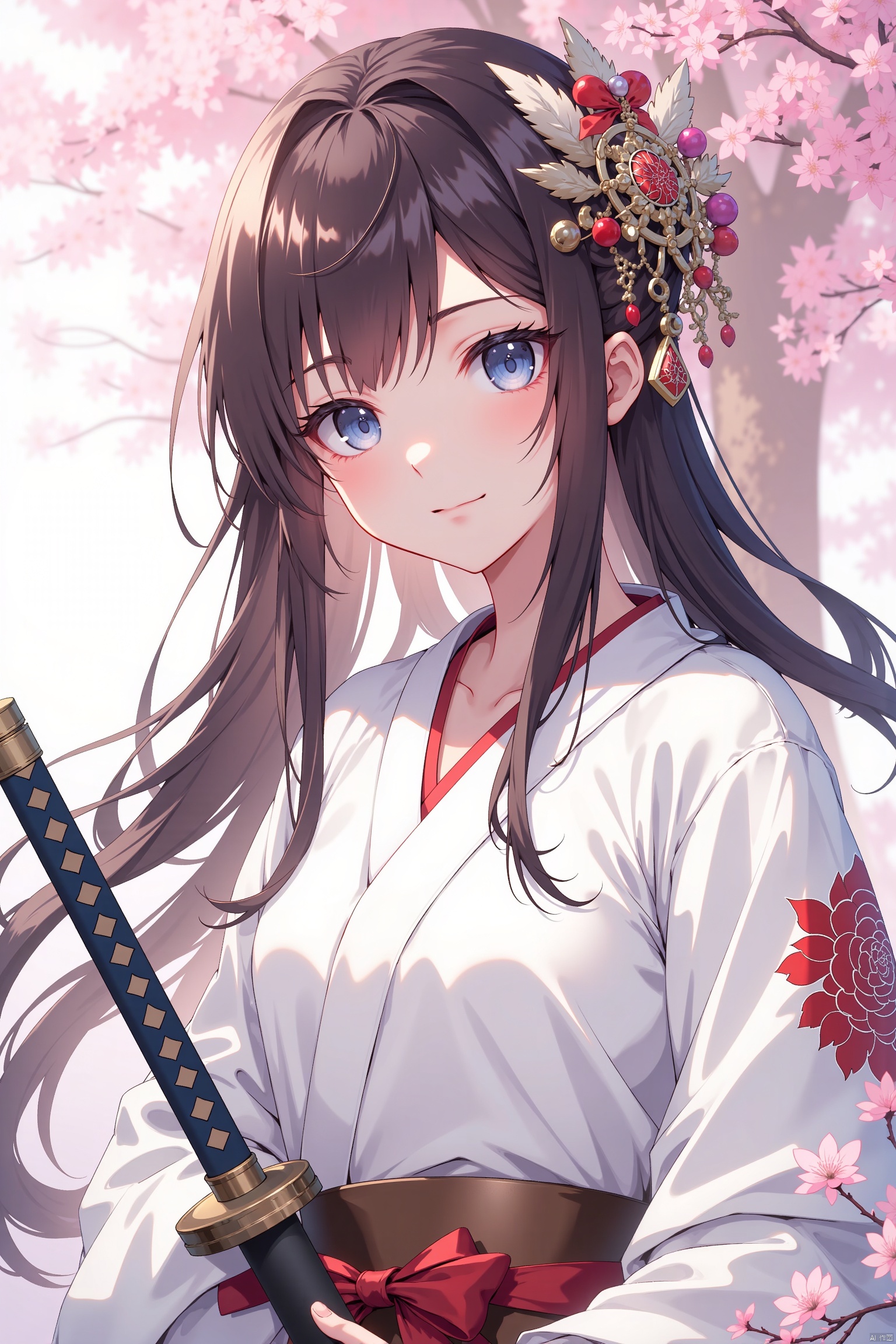 A girl with long dark brown hair, wearing a white kimono, adorned with a brown belt and a red bow. She is holding a sword in her right hand, with her left hand resting on the handle of the sword. Her eyes are a piercing blue, adding a pop of color to the scene. The background is blurred, revealing a tree with pink flowers.