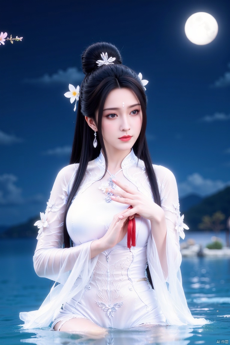 a medium-sized Asian woman, dressed in a white kimono, adorned with a red ribbon, stands in a body of water. Her hair is styled in a traditional Asian fashion, with long black hair tied up in a bow at the top of her head. She is adorned with two white flowers, adding a touch of color to her outfit. Her eyes are a piercing, and her lips are a darker shade of red. Her hands are positioned in front of her face, while her head is turned slightly to the right. The background is a deep blue, with a moon visible in the upper right corner of the frame.
