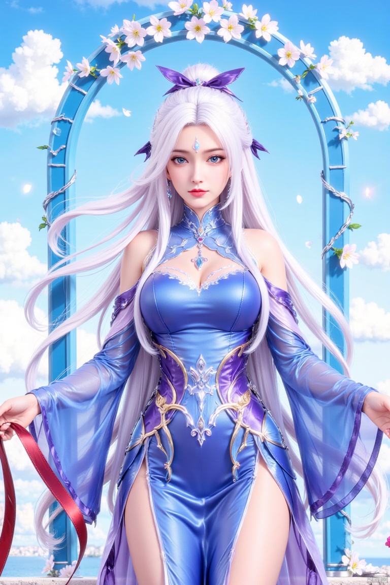 A woman with long white hair and blue eyes. She is wearing a blue and purple outfit with a gold belt. Her arms are outstretched and she is holding a red and white ribbon. The woman's hair is blowing in the wind and she has a bow on her head. There is a blue archway behind her with white flowers on it.
