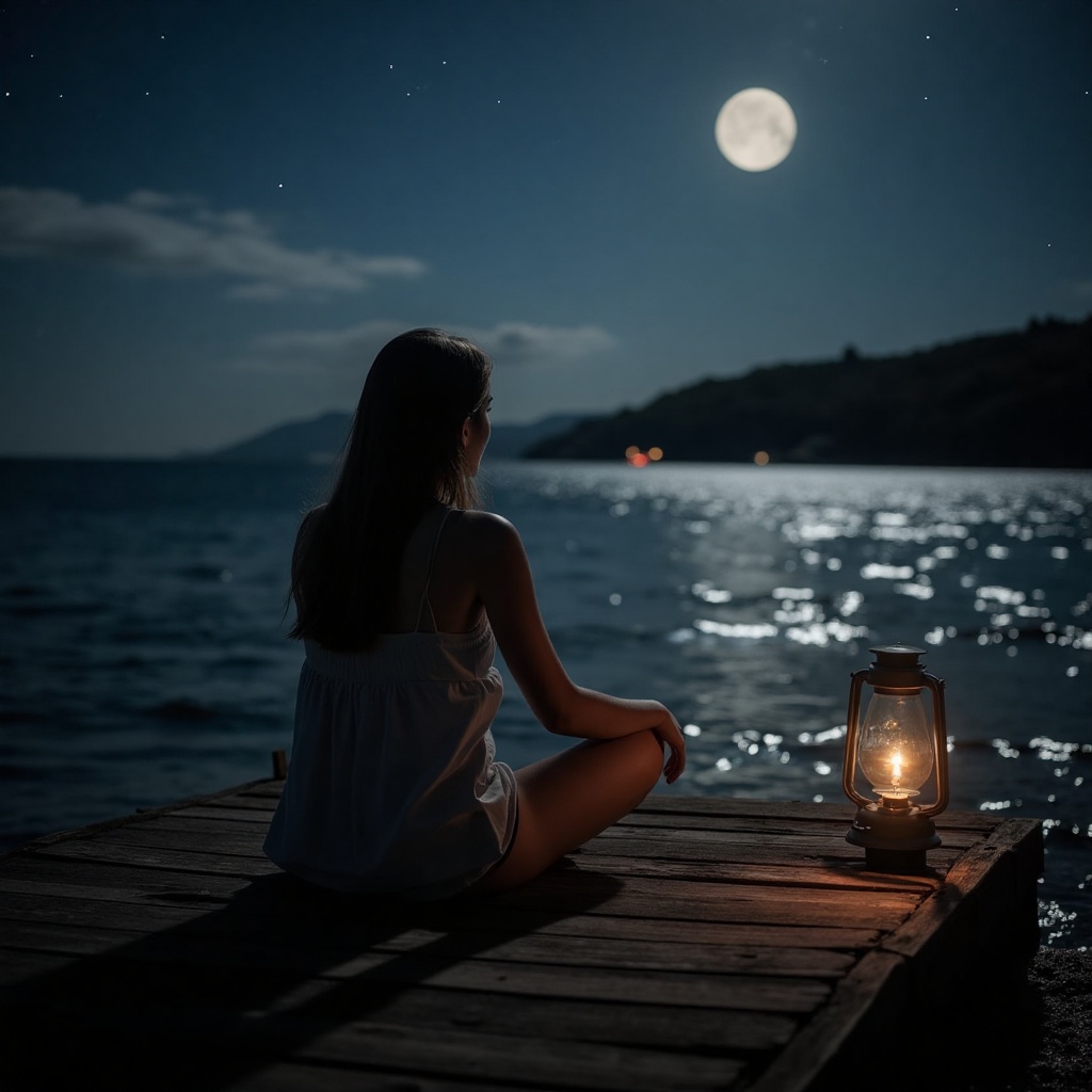 A woman sits alone on a moonlit dock,  surrounded by lapping waters and twinkling stars. Her face,  softly lit by a nearby...
