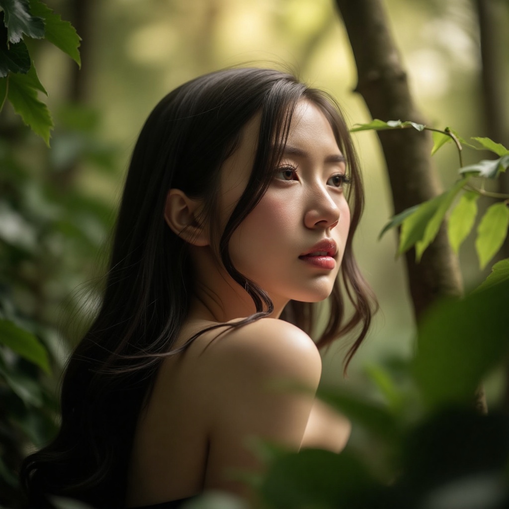 Ethereal softbox lighting casts a warm glow on the woman's porcelain skin as she gazes wistfully into the distance,  her r...