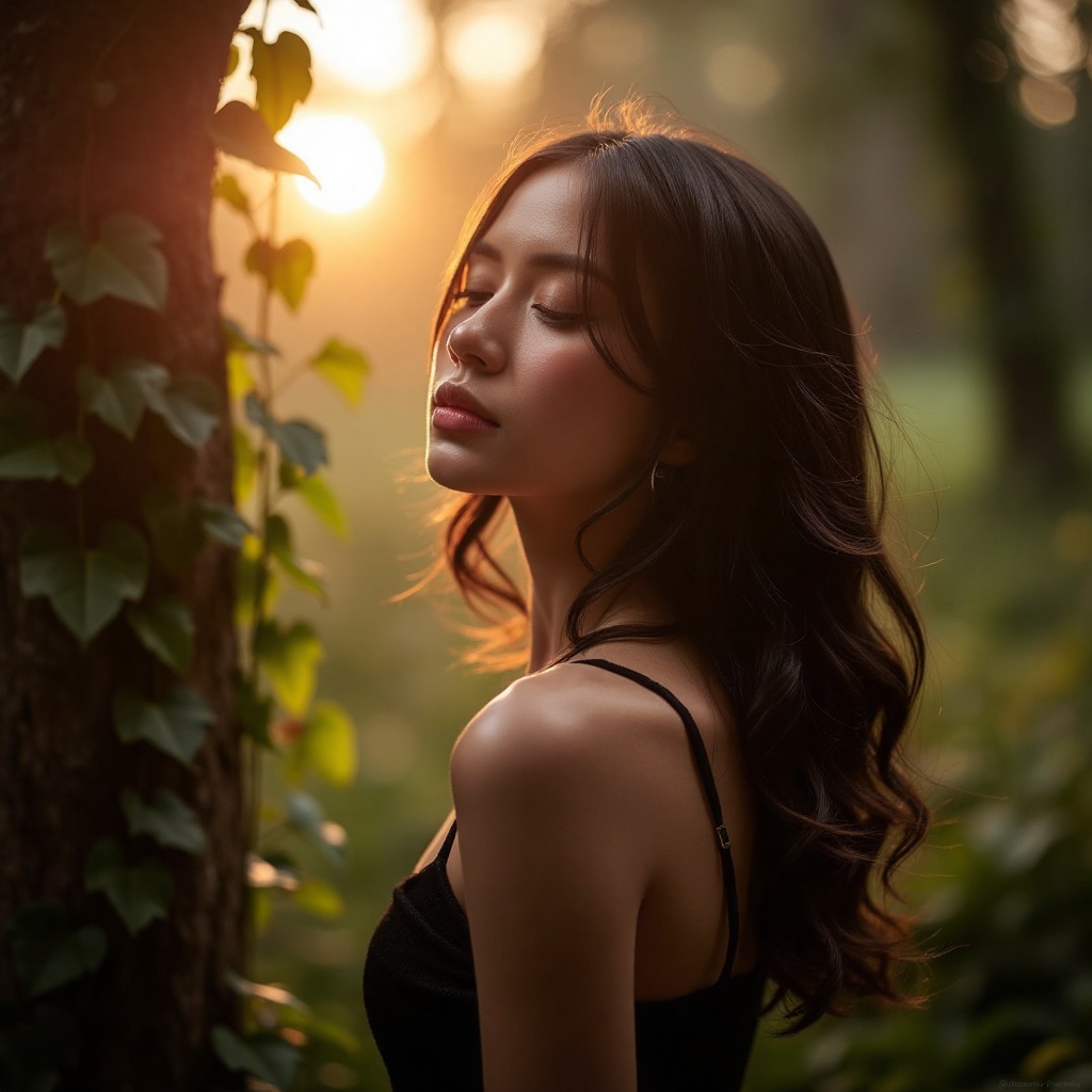 A soft focus on a warm evening,  golden hour casting long shadows across her face as she gazes wistfully into the distance...