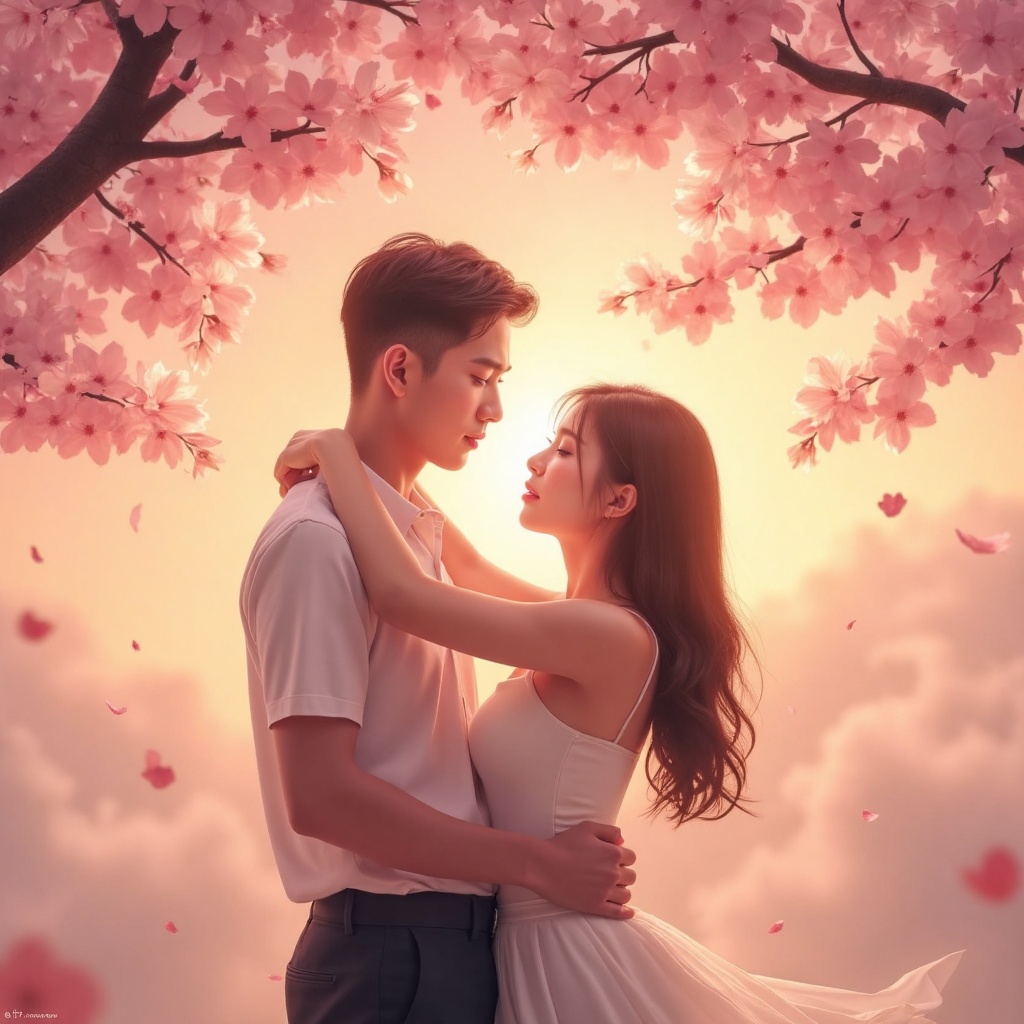 Whispers of Twilight: A serene image featuring a young couple embracing beneath a canopy of blooming cherry blossoms,  sof...