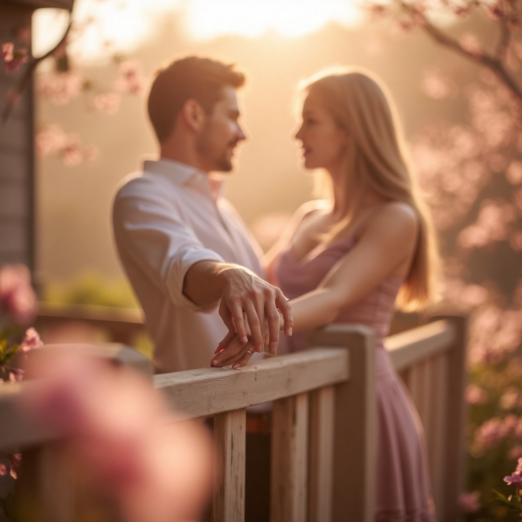 Soft focus frames tender moments: a couple's fingers intertwined on a vintage wooden fence,  bathed in warm sunlight that...