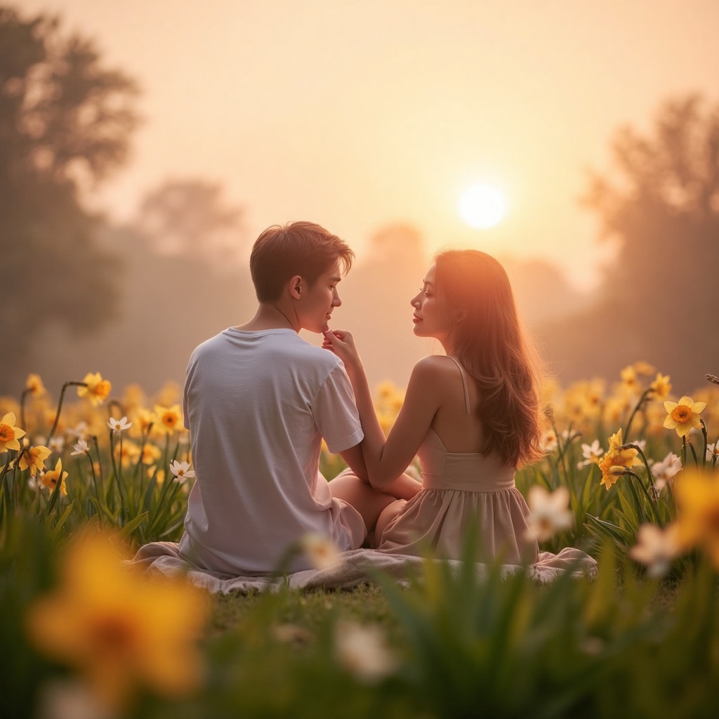 Whispers of Sunrise: A tender morning scene unfolds,  where a young couple shares a romantic moment amidst a lush,  verdan...