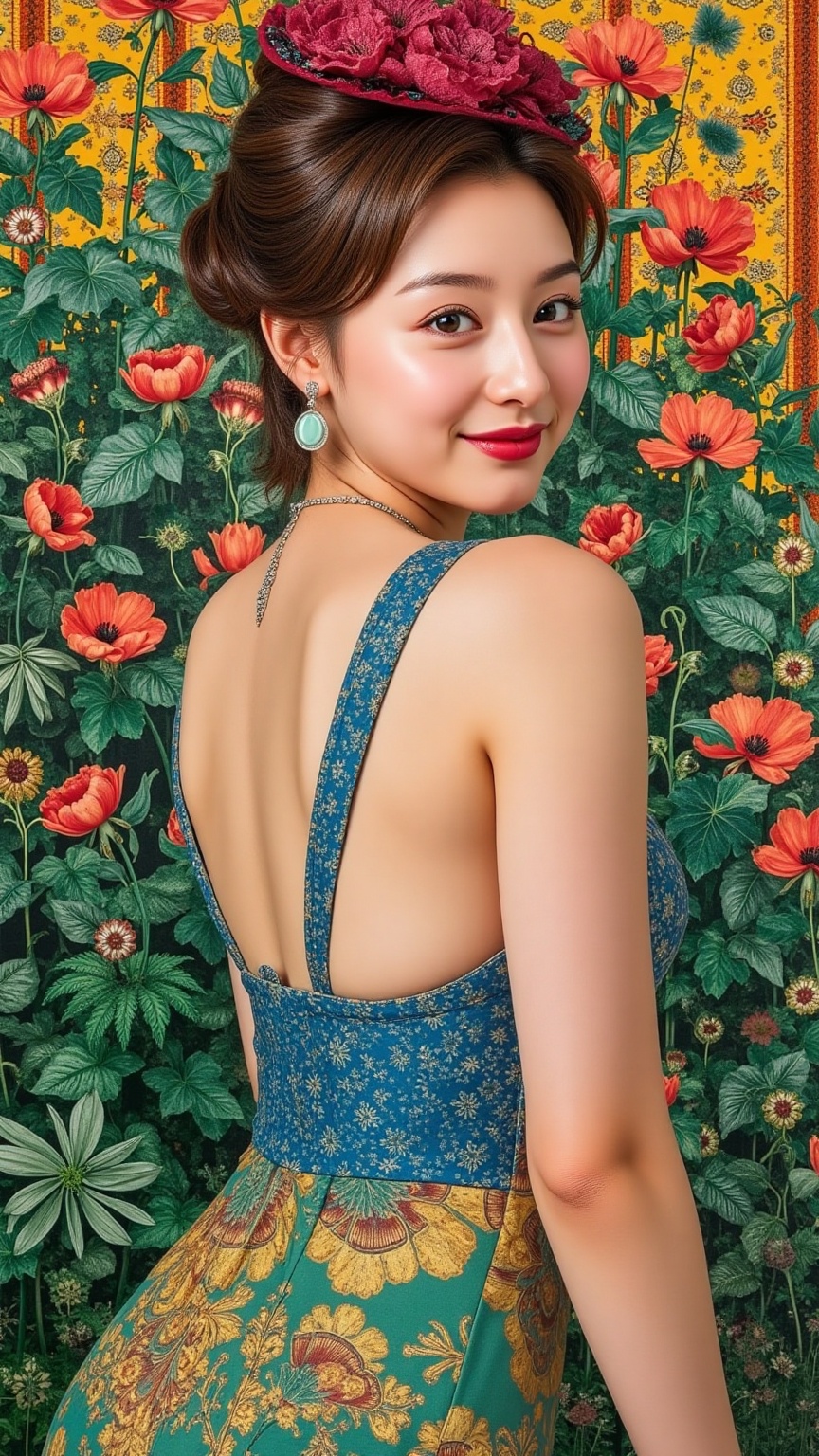 In a lush,  vibrant garden reminiscent of Hieronymous Bosch's Garden of Earthly Delights,  a stunning half-body portrait o...