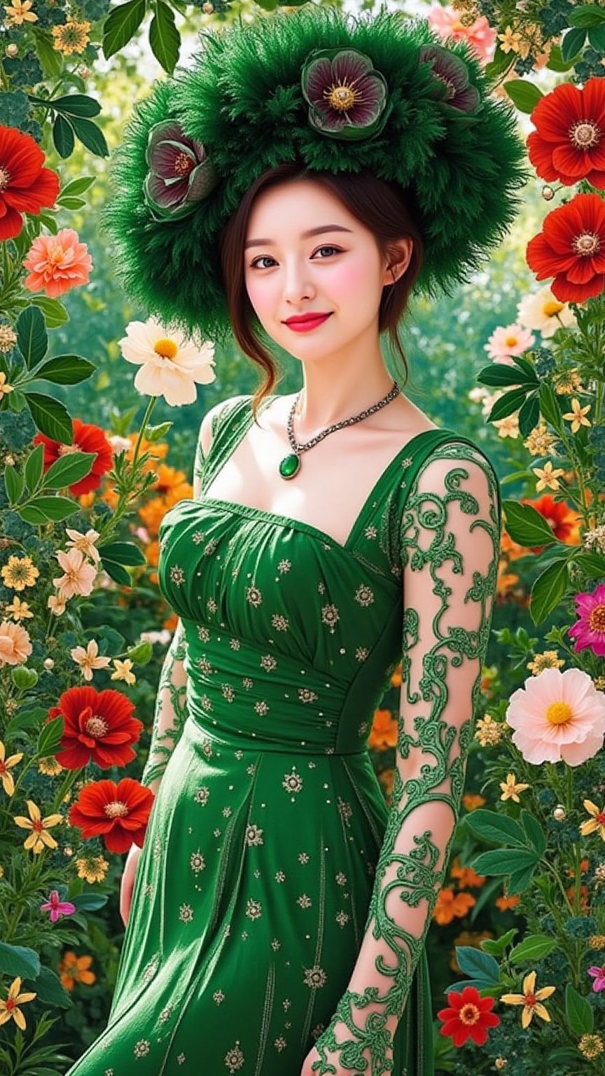 In a lush,  emerald-green garden inspired by the Garden of Earthly Delights,  a ravishing young woman poses amidst vibrant...