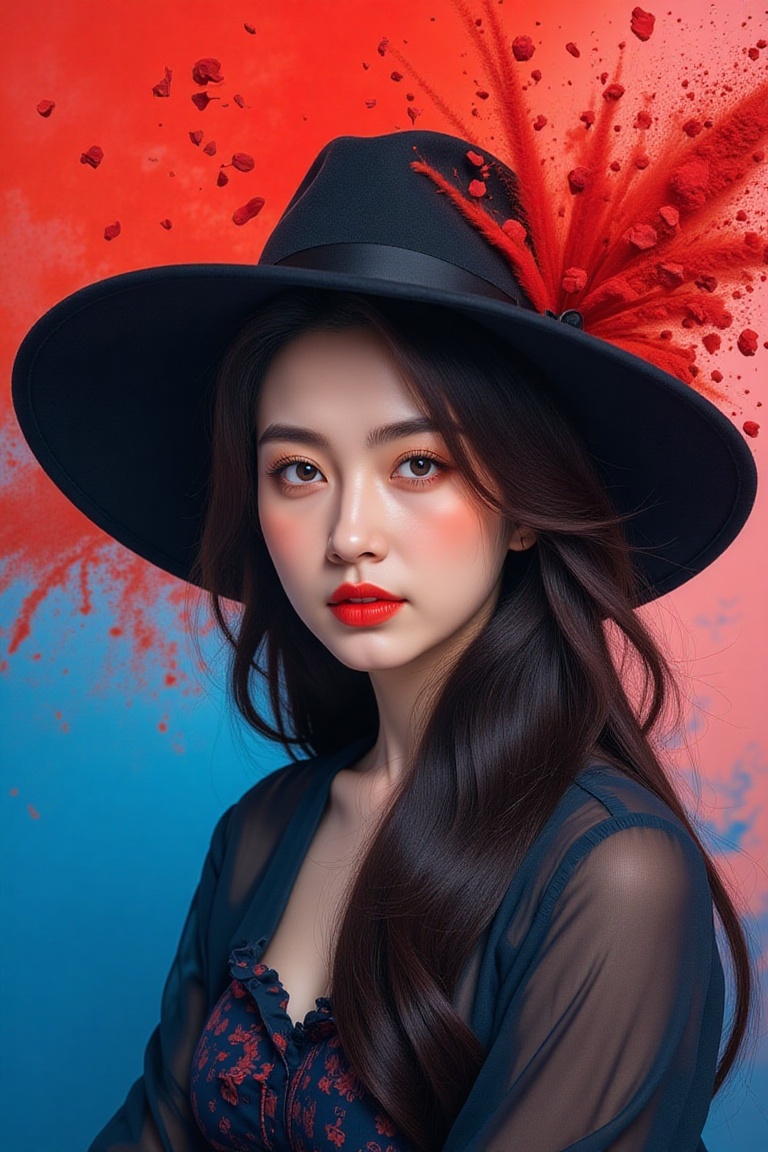 A woman wearing a wide-brimmed hat,  gorgeous colors,  the woman's hair breaks into small pieces and turns into powder as...