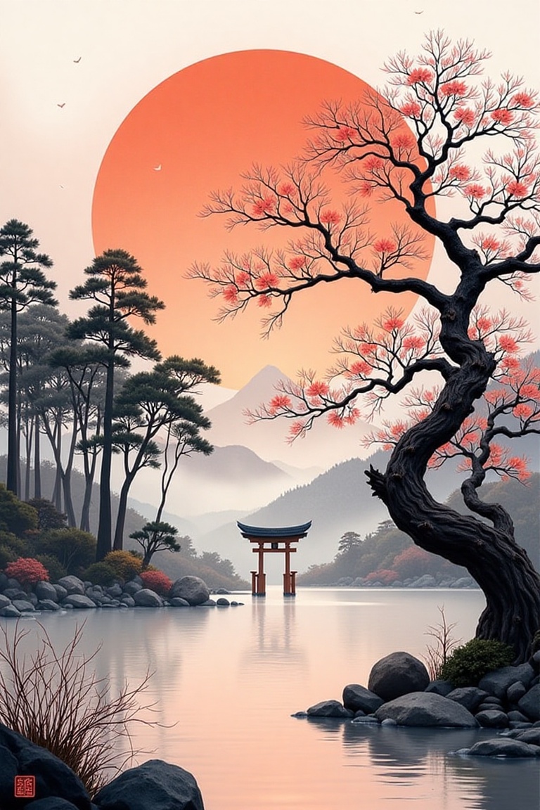 ink scenery,  no humans,  sunset on Tensor.Art