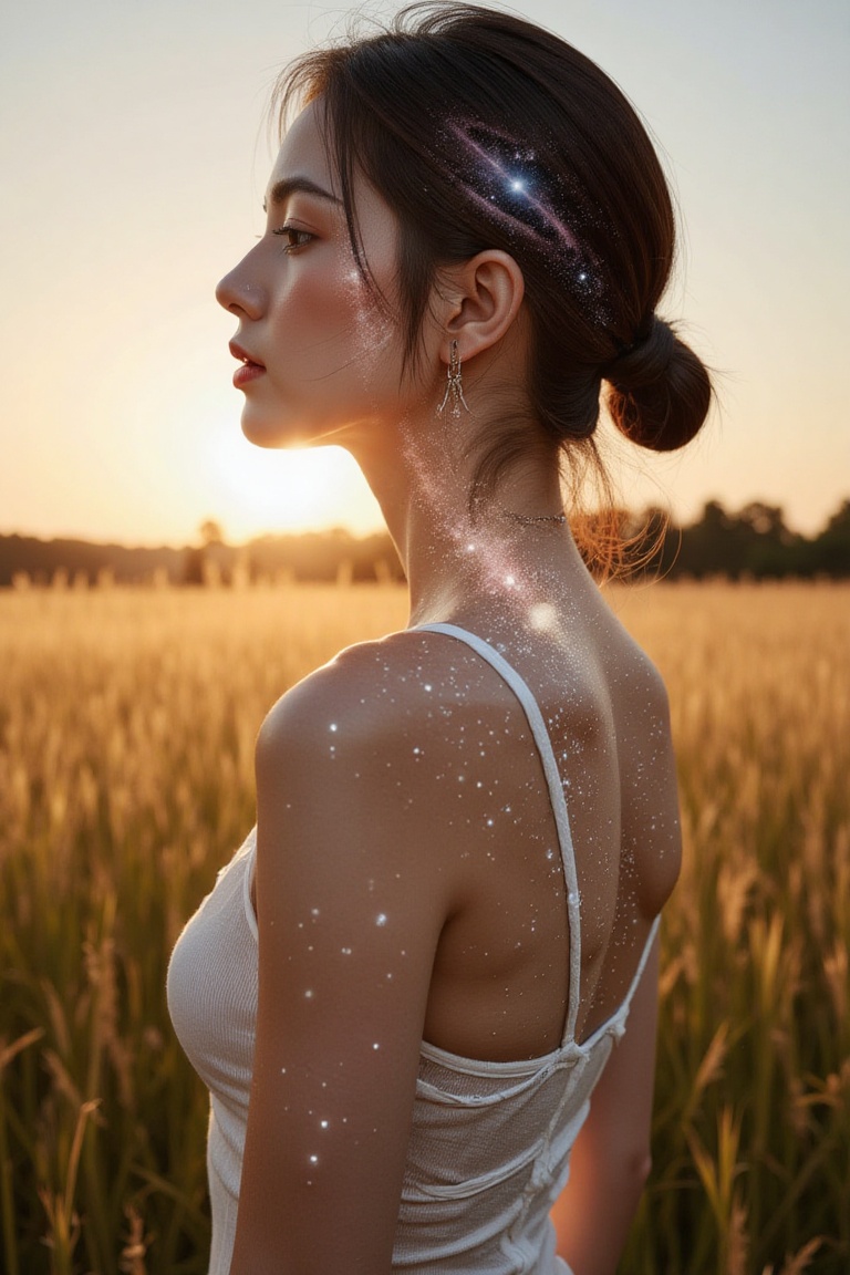 A close up fantastic image of a woman's outline containing the entire galaxy inside of her,  as she stands in a field in s...