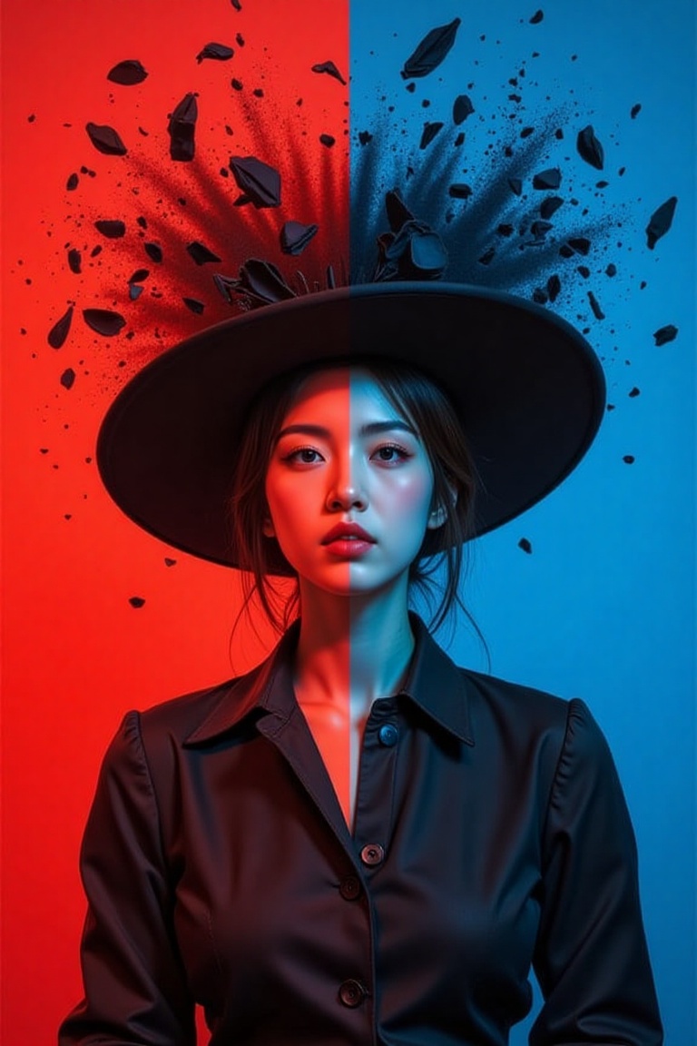 A woman wearing a wide-brimmed hat,  gorgeous colors,  the woman's hair breaks into small pieces and turns into powder as...