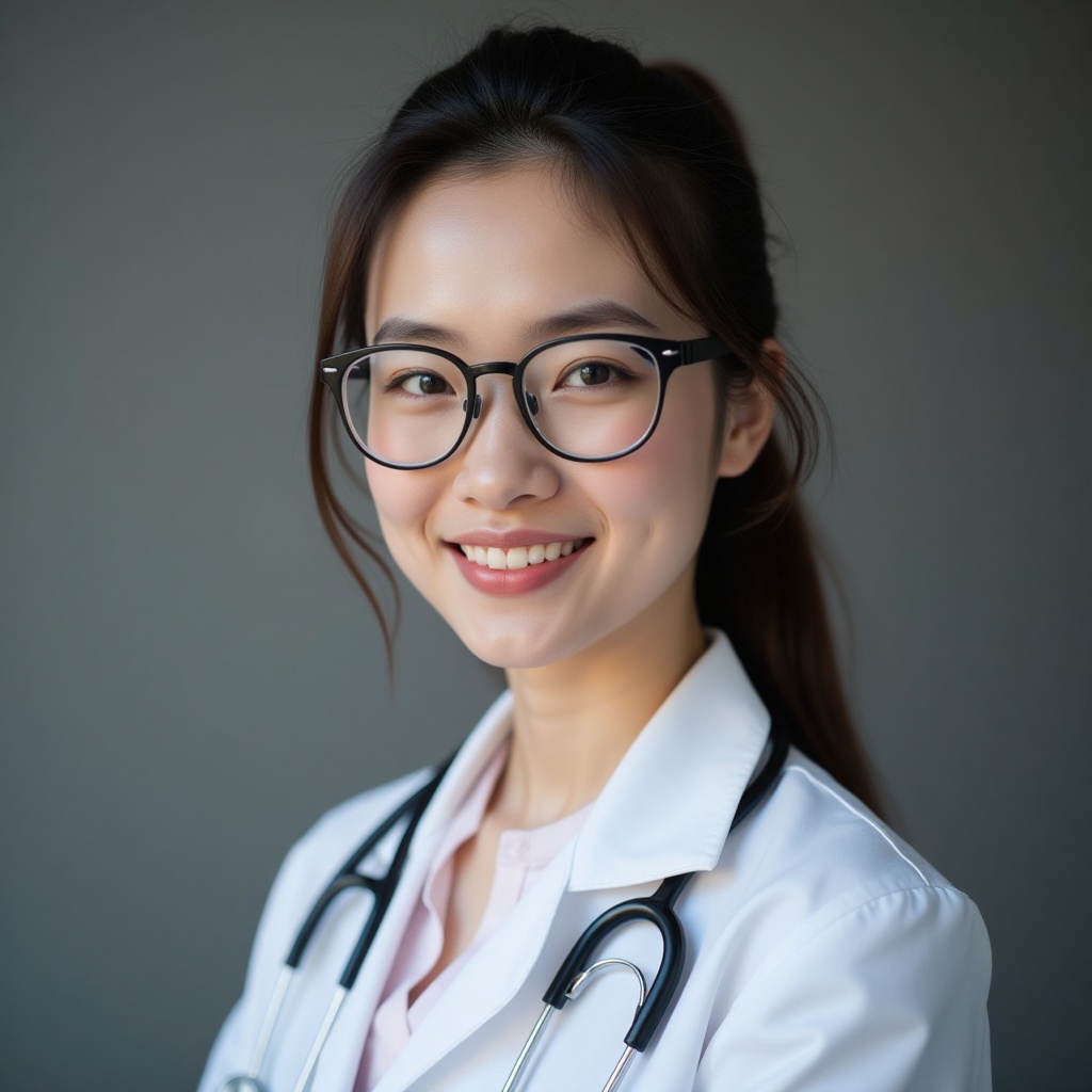 A profile photo of a doctor: A close-up shot of a bespectacled individual in a crisp white coat,  with a stethoscope penda...