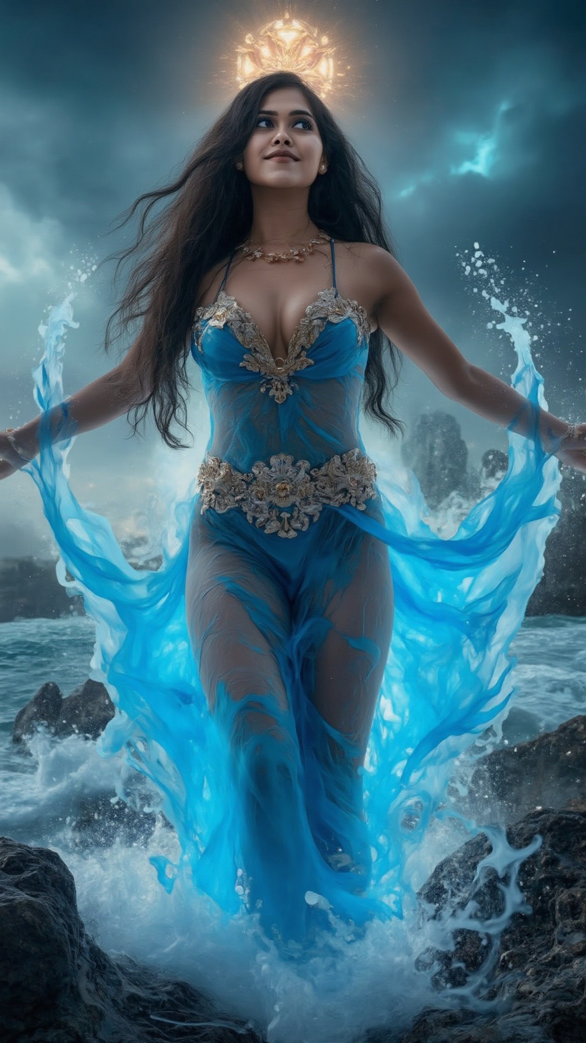 epic action pose of a female superhero inspired by an Indian goddess,  mid-air with arms extended,  controlling massive to...