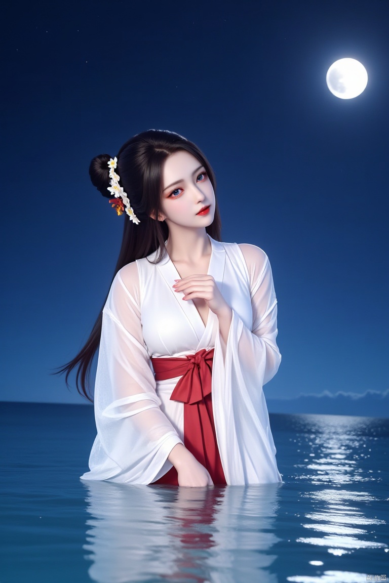 a medium-sized Asian woman, dressed in a white kimono, adorned with a red ribbon, stands in a body of water. Her hair is styled in a traditional Asian fashion, with long black hair tied up in a bow at the top of her head. She is adorned with two white flowers, adding a touch of color to her outfit. Her eyes are a piercing, and her lips are a darker shade of red. Her hands are positioned in front of her face, while her head is turned slightly to the right. The background is a deep blue, with a moon visible in the upper right corner of the frame.
