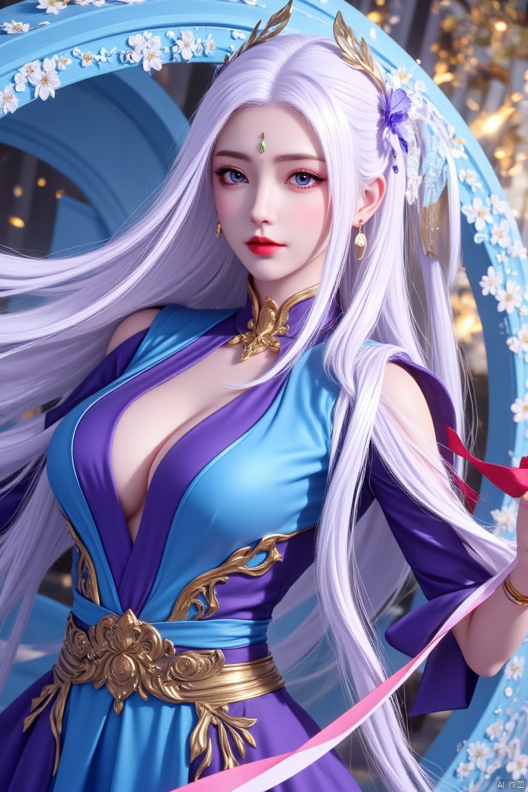 A woman with long white hair and blue eyes. She is wearing a blue and purple outfit with a gold belt. Her arms are outstretched and she is holding a red and white ribbon. The woman's hair is blowing in the wind and she has a bow on her head. There is a blue archway behind her with white flowers on it.

