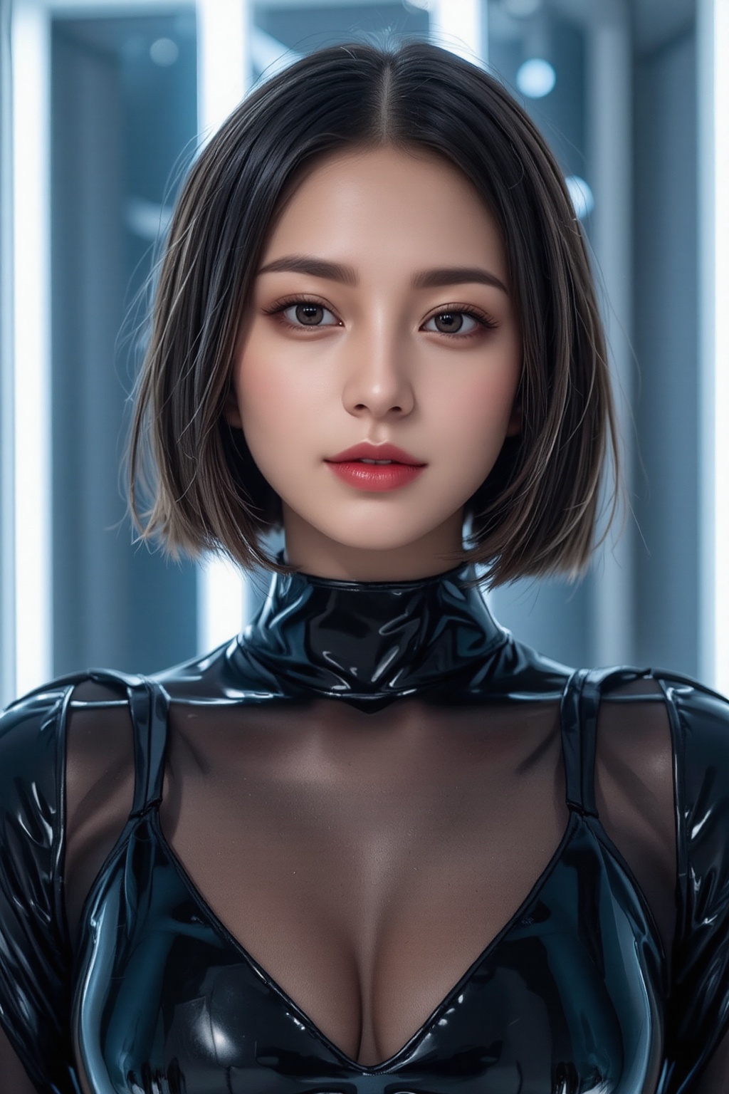 Image is a high-resolution portrait photograph featuring a young woman with a short bob haircut and fair skin. She is wear...