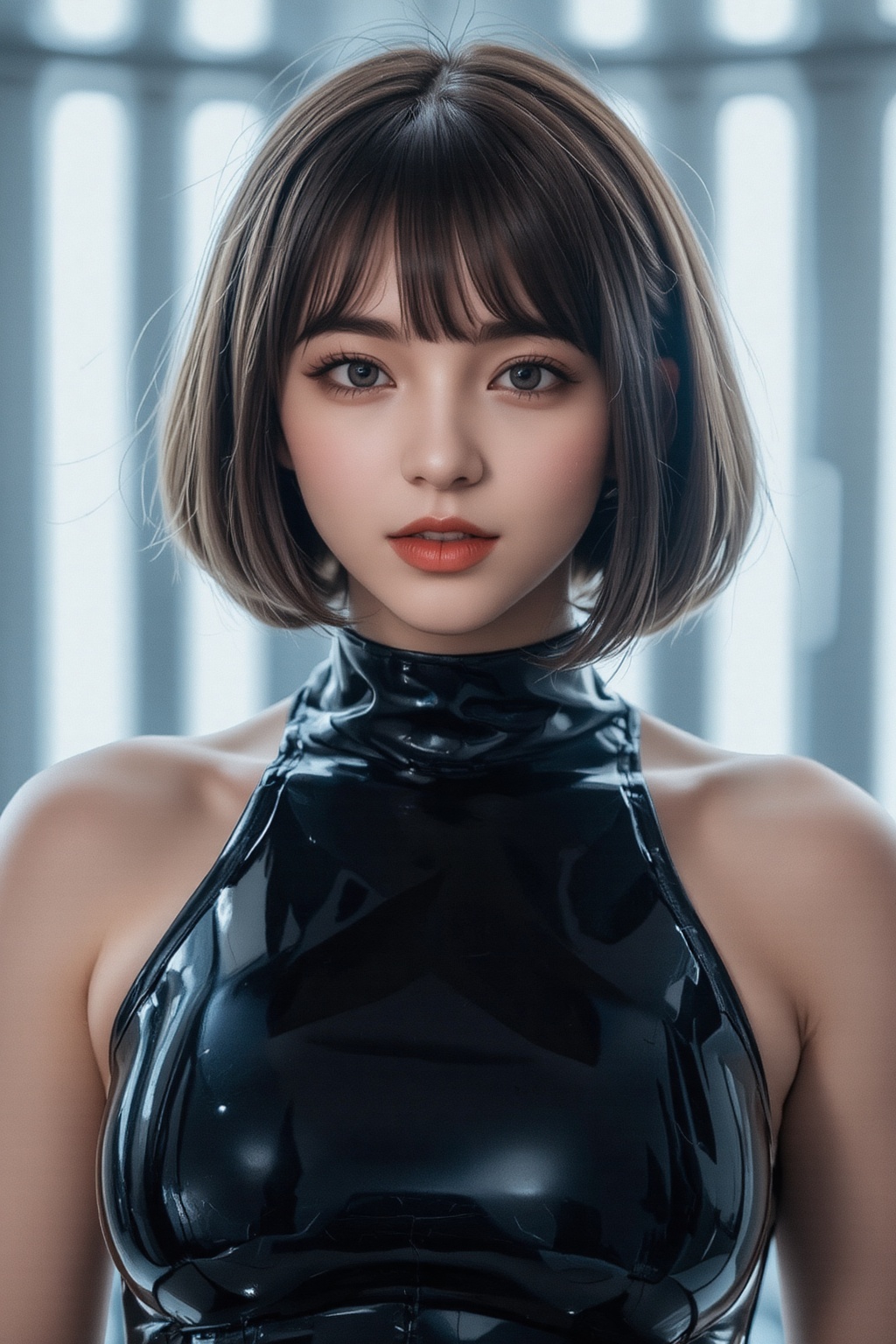 Image is a high-resolution portrait photograph featuring a young woman with a short bob haircut and fair skin. She is wear...
