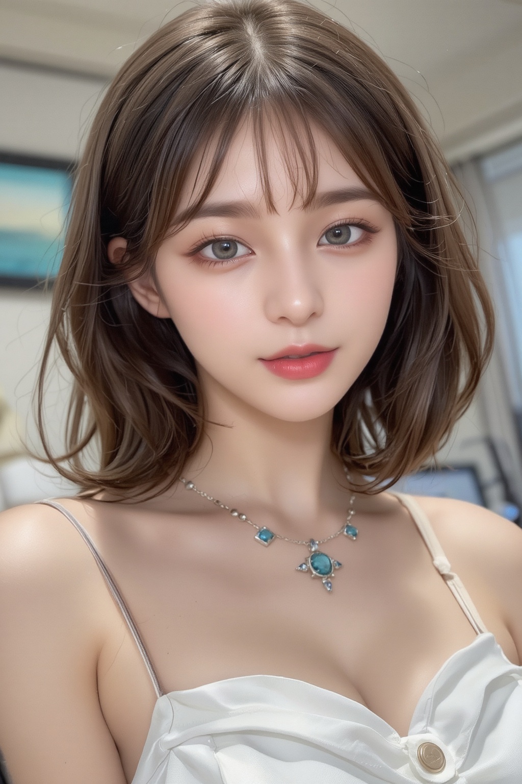 A close-up,  eye-level shot of a beautiful young Japanese woman with medium brown hair,  double eyelids on Tensor.Art