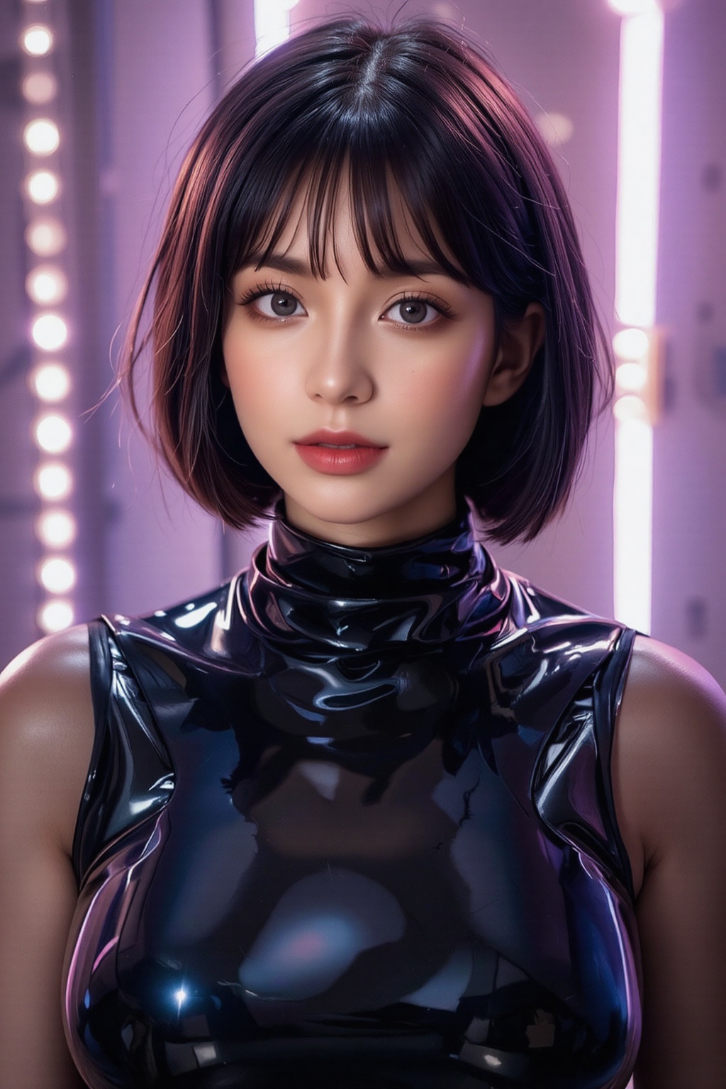 Image is a high-resolution portrait photograph featuring a young woman with a short bob haircut and fair skin. She is wear...
