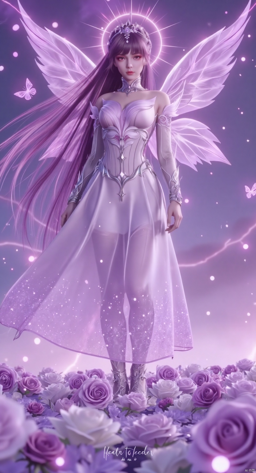,petals, sparkling lightning background, starry sky, purple lightning, halo, lightning around, sea of ​​purple roses, standing, floating standing, light purple wedding dress, purple wings,
, purple hair, full body, long hair, very long hair, , long skirt, clear crystal swing, highest quality, exquisite CG, , water drops on hair, beautiful goddess, sparkling stars, close-up, delicate face, Exquisite lips, exquisite eyes, exquisite nose, surrounded by purple butterflies, crystal purple crystals, falling rose petals, clothes dotted with sparkling diamonds and pearls, high heels, crystal hair accessories,