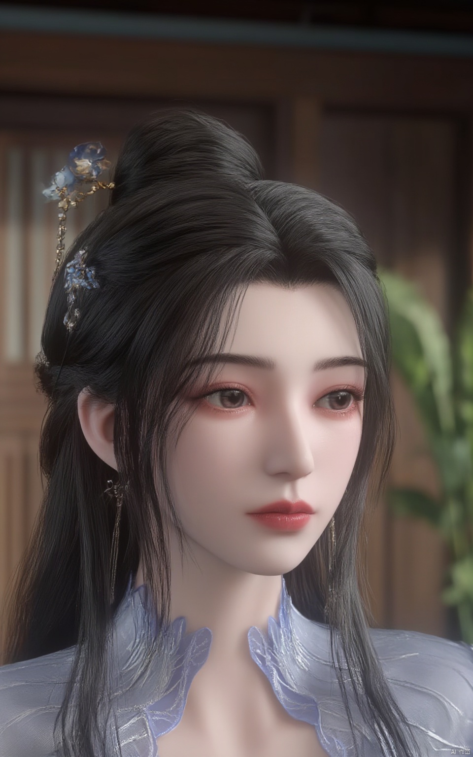 (ultra realistic,best quality),photorealistic,Extremely Realistic, in depth cinematic light,cute hubggirl, 

Limuwang_hubggirl, lip biting,detailed face, solo, long hair, black hair, hair ornament, dress, hair bun, tree, blue dress, chinese clothes, 

(studio light:1.2),Deep photo,depth of field,shadows,messy hair,seductive silhouette play,dark,nighttime,dark photo,