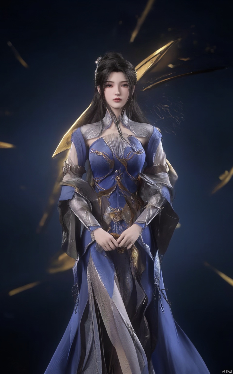 A stunning 8K digital artwork depicts a majestic Limuwang_hubggirl standing confidently in the foreground, set against a dark blue background with subtle gradient effects. Her long, flowing hair cascades down her back like a river of gold, while her slender figure is clad in a intricately designed armor suit. The masterfully crafted full-body portrait showcases exquisite details, from the delicate textures on her skin to the intricate patterns adorning her armor. The lighting is dim yet atmospheric, casting a warm glow over the entire scene.
