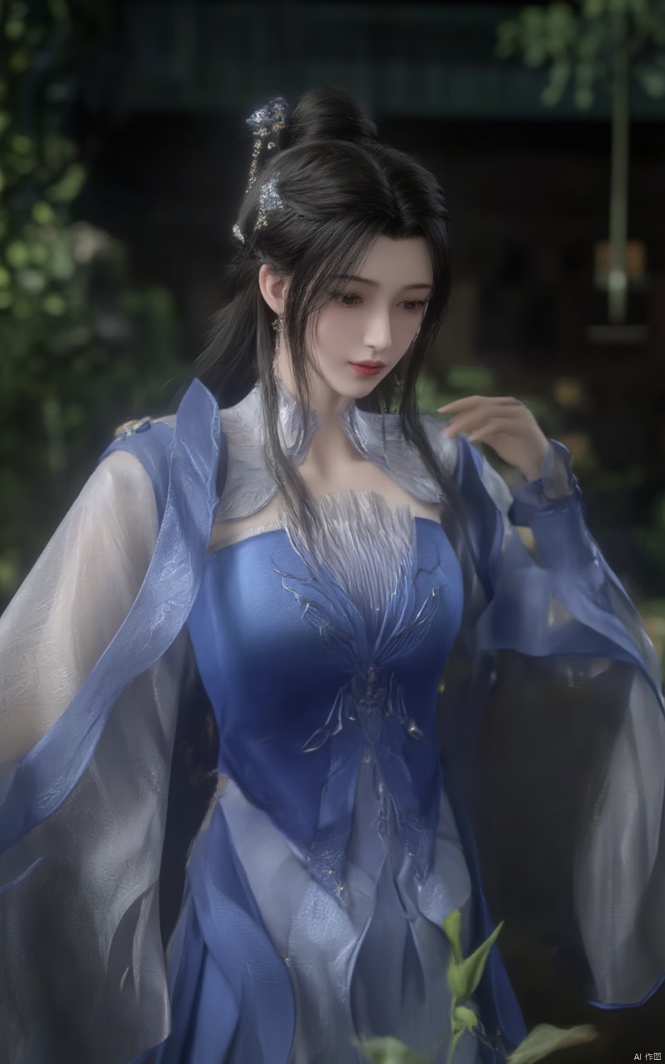 (ultra realistic,best quality),photorealistic,Extremely Realistic, in depth cinematic light,cute hubggirl, 

Limuwang_hubggirl, lip biting,detailed face, solo, long hair, black hair, hair ornament, dress, hair bun, tree, blue dress, chinese clothes, 

(studio light:1.2),Deep photo,depth of field,shadows,messy hair,seductive silhouette play,dark,nighttime,dark photo,