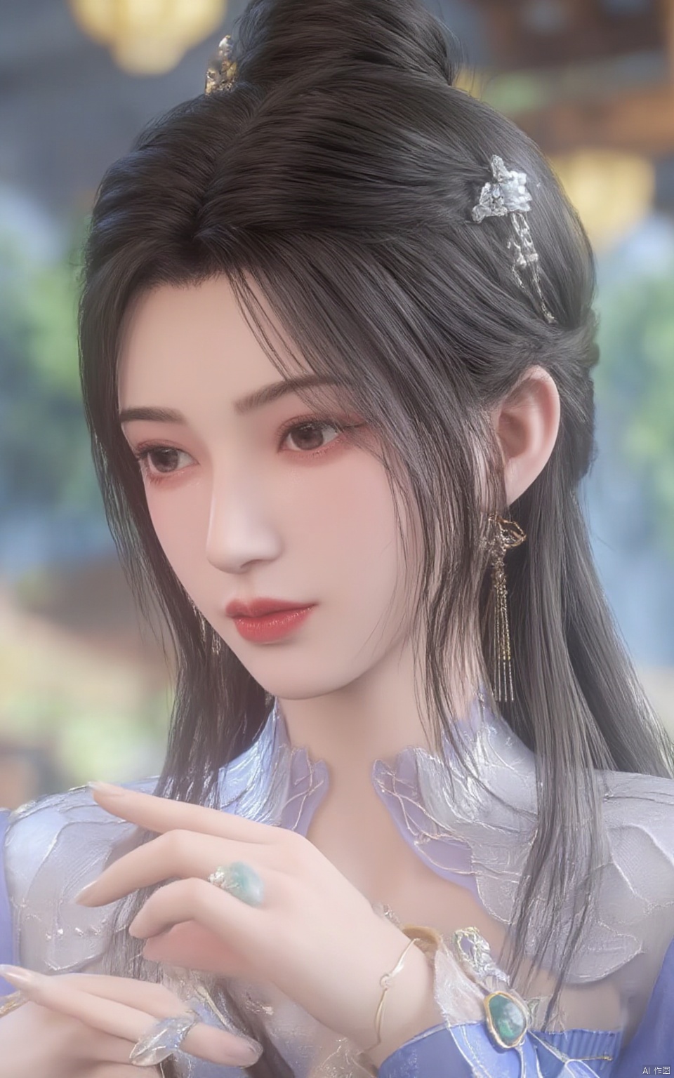 Portrait of a 21-year-old Limuwang_hubggirl, solo and direct at the viewer with a warm smile. She wears an ensemble of luxurious gold-trim jewelry, including long earrings and a bow hair ornament. A stunning Agate necklace and Emerald bracelet adorn her neck and wrist, respectively, while Diamonds and Onyx add subtle sparkle. Her eyes are framed by Wangyushan's signature eyeglasses. Set against a backdrop of vibrant colors, the scene is bathed in bright natural light, showcasing every detail with high contrast HDR photography.,