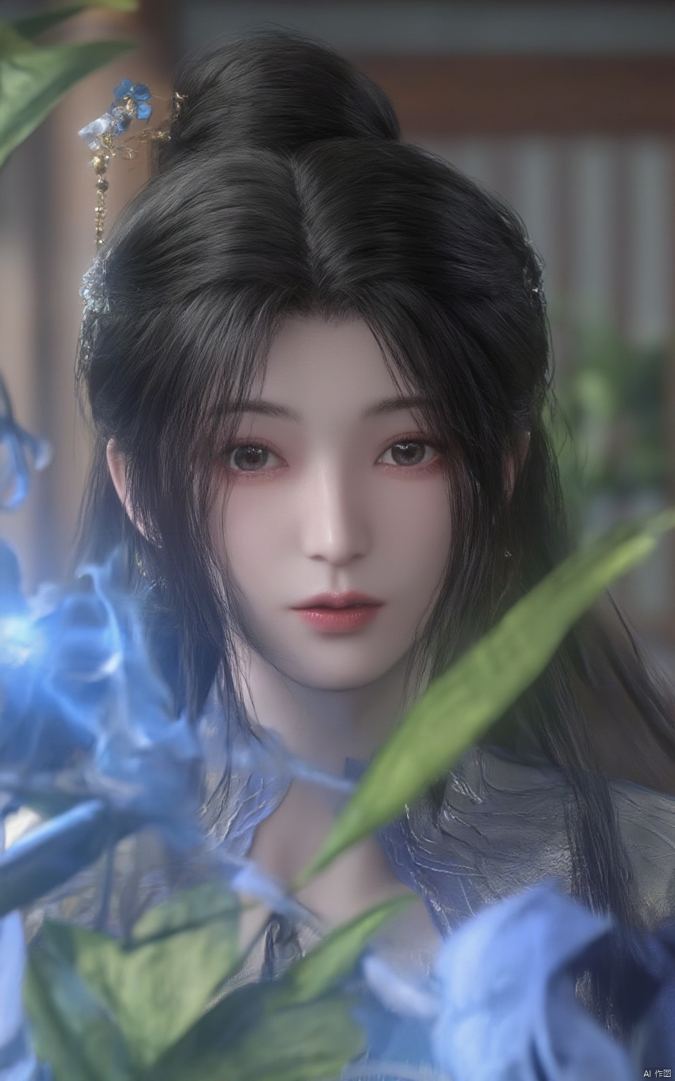 (ultra realistic,best quality),photorealistic,Extremely Realistic, in depth cinematic light,cute hubggirl, Limuwang_hubggirl, lip biting,detailed face, solo, long hair, black hair, hair ornament, dress, hair bun, tree, blue dress, chinese clothes, (studio light:1.2),Deep photo,depth of field,shadows,messy hair,seductive silhouette play,dark,nighttime,dark photo,
