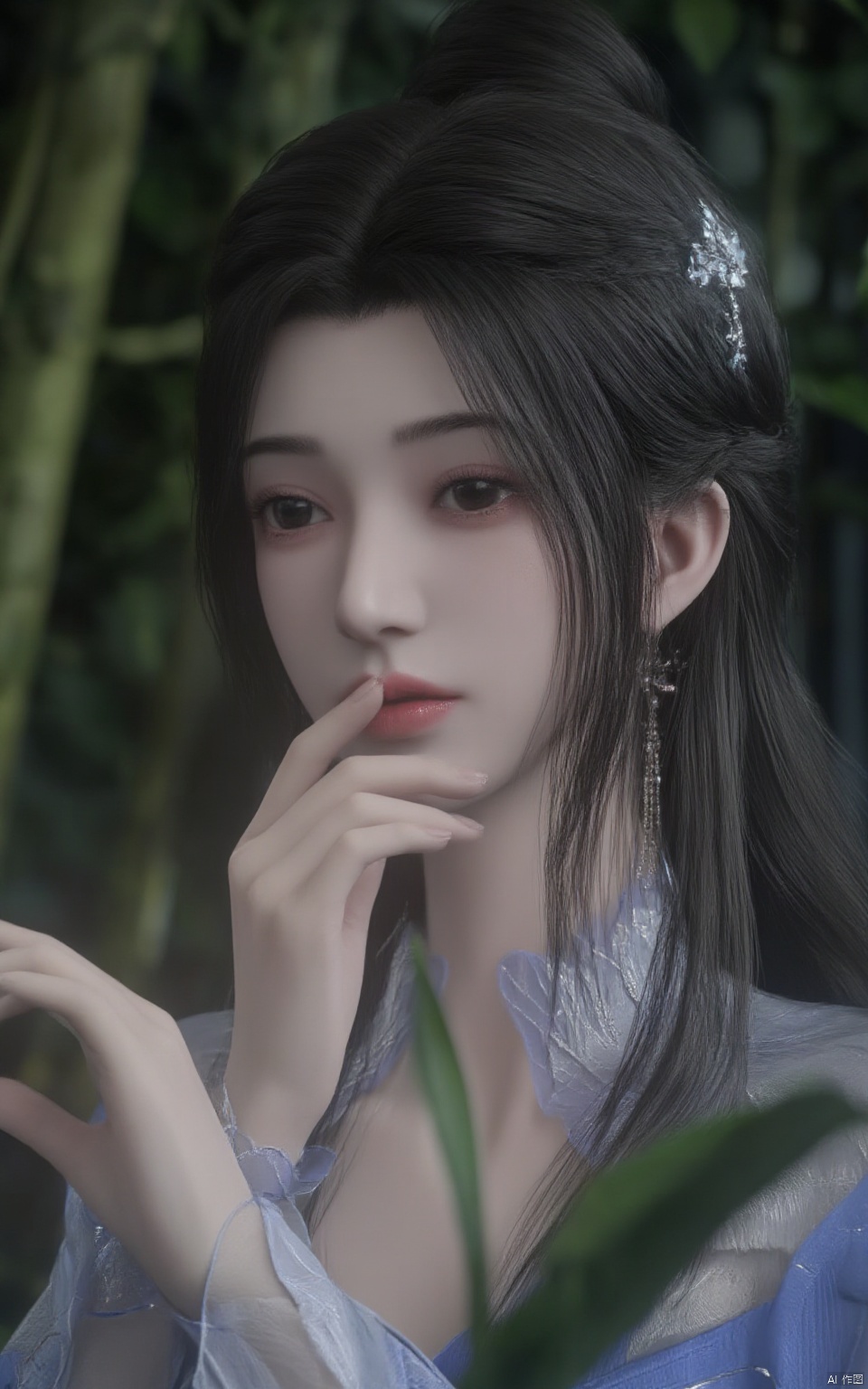 (ultra realistic,best quality),photorealistic,Extremely Realistic, in depth cinematic light,cute hubggirl, Limuwang_hubggirl, lip biting,detailed face, solo, long hair, black hair, hair ornament, dress, hair bun, tree, blue dress, chinese clothes, (studio light:1.2),Deep photo,depth of field,shadows,messy hair,seductive silhouette play,dark,nighttime,dark photo,