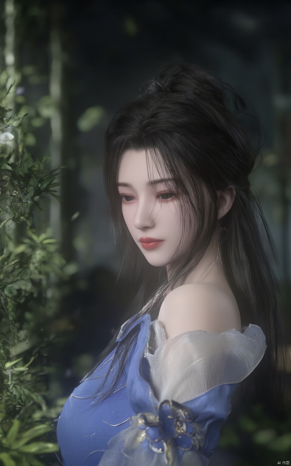 (ultra realistic,best quality),photorealistic,Extremely Realistic, in depth cinematic light,cute hubggirl, 

Limuwang_hubggirl, lip biting,detailed face, solo, long hair, black hair, hair ornament, dress, hair bun, tree, blue dress, chinese clothes, 

(studio light:1.2),Deep photo,depth of field,shadows,messy hair,seductive silhouette play,dark,nighttime,dark photo,