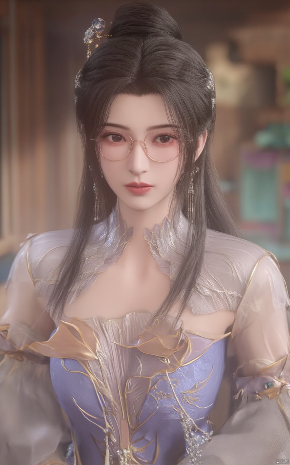 Portrait of a 21-year-old Limuwang_hubggirl, solo and direct at the viewer with a warm smile. She wears an ensemble of luxurious gold-trim jewelry, including long earrings and a bow hair ornament. A stunning Agate necklace and Emerald bracelet adorn her neck and wrist, respectively, while Diamonds and Onyx add subtle sparkle. Her eyes are framed by Wangyushan's signature eyeglasses. Set against a backdrop of vibrant colors, the scene is bathed in bright natural light, showcasing every detail with high contrast HDR photography.,