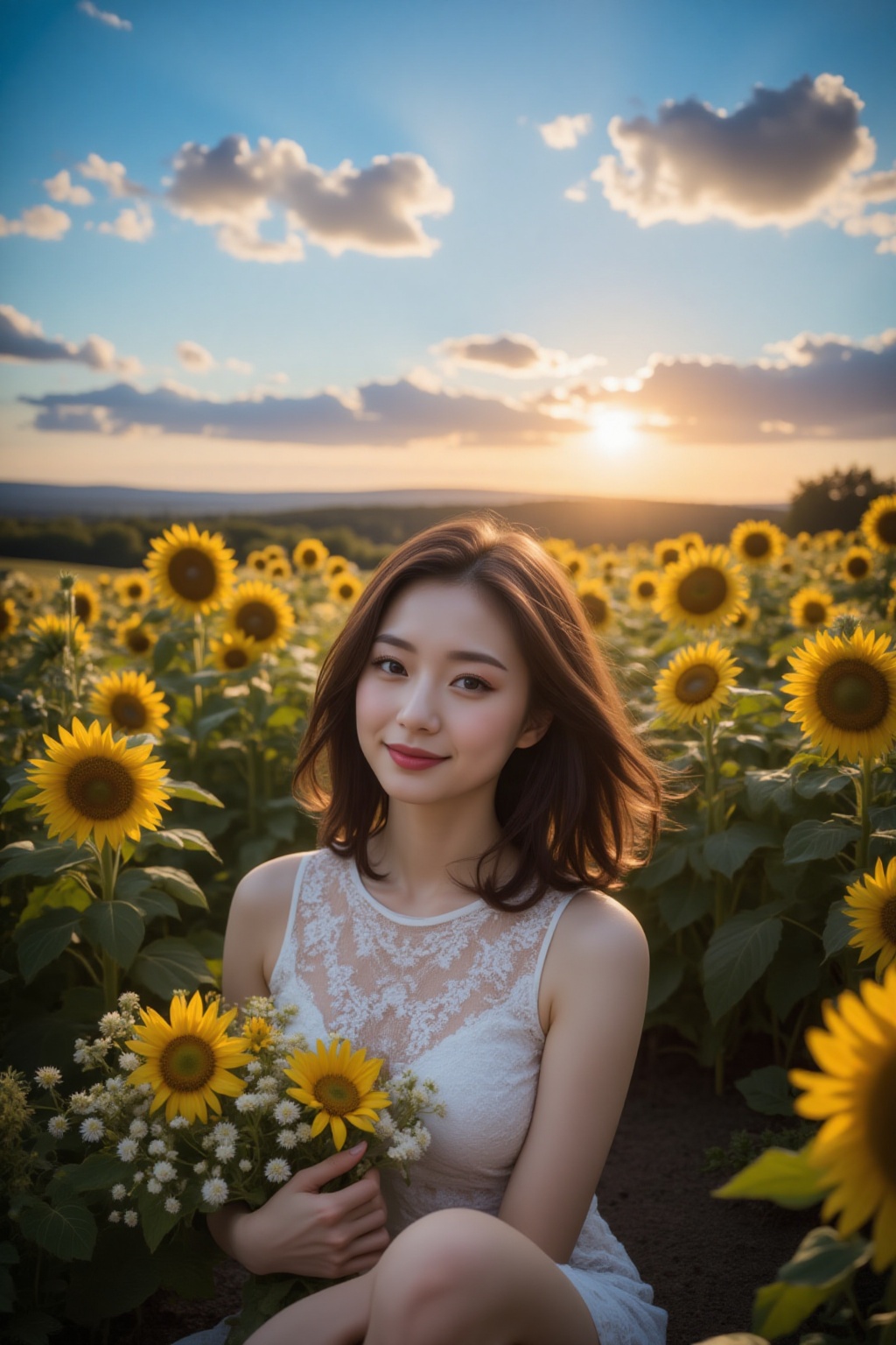 A serene evening landscape: A Asian woman in a radiant white lace sleeveless round-neckline dress,  paired with stilettos...