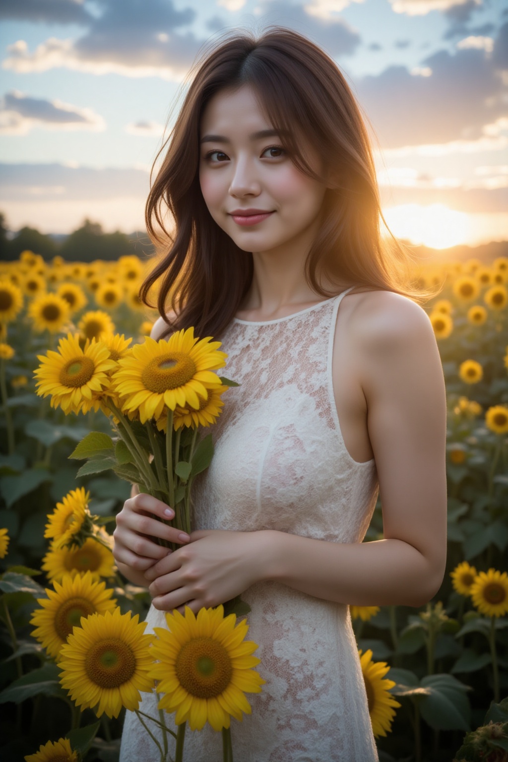 A serene evening landscape: A Asian woman in a radiant white lace sleeveless round-neckline dress stands amidst a sunflowe...