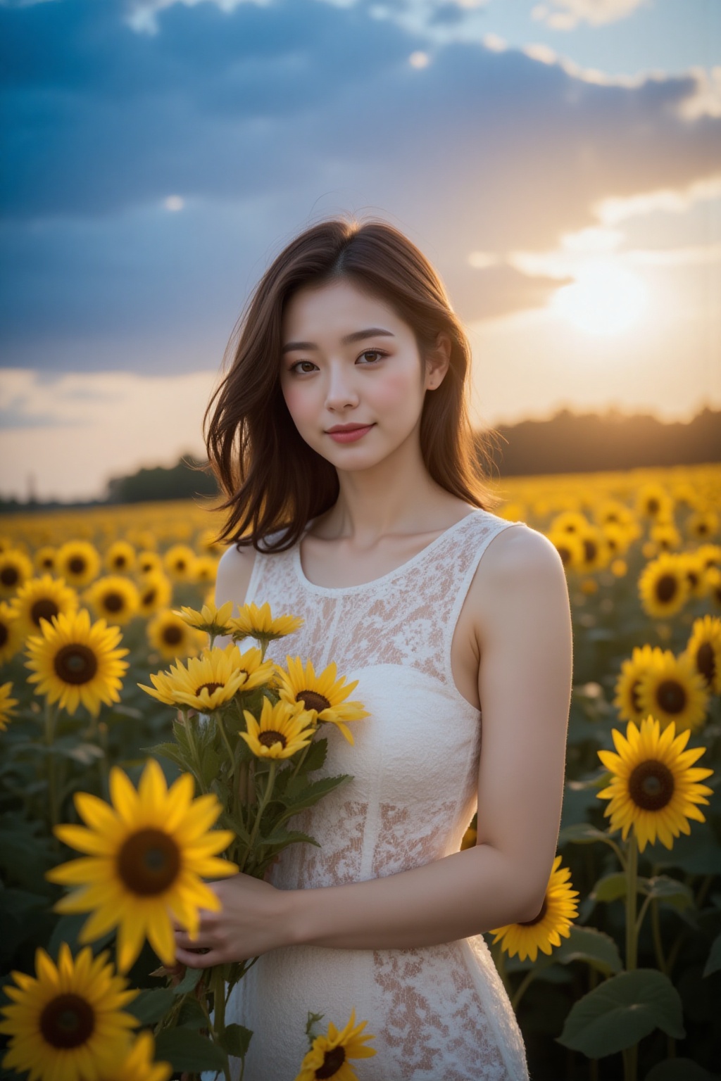 A serene evening landscape: A Asian woman in a radiant white lace sleeveless round-neckline dress stands amidst a sunflowe...