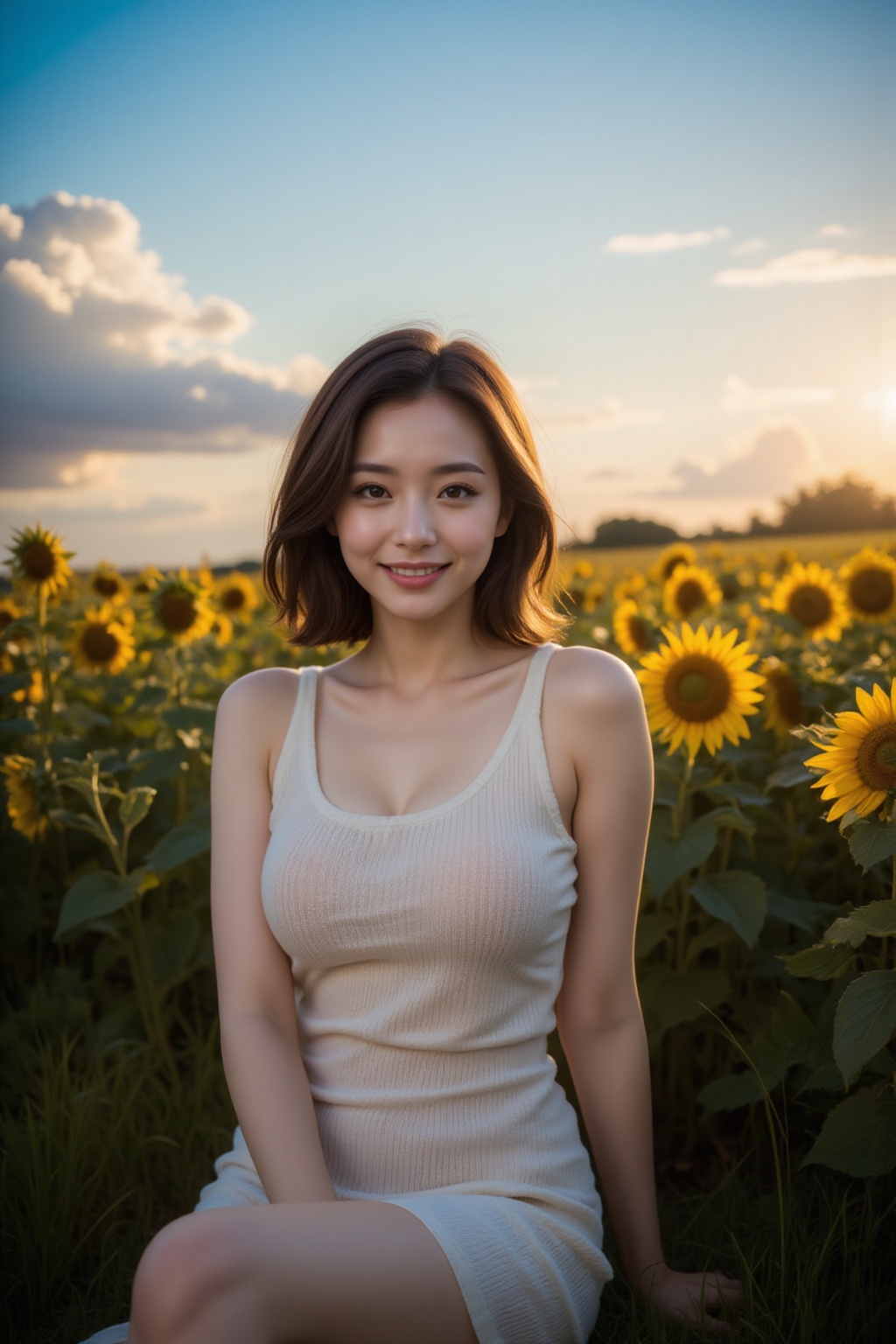 A serene evening landscape: A Asian woman in a radiant white sleeveless round-neckline knit dress,  paired with stilettos....
