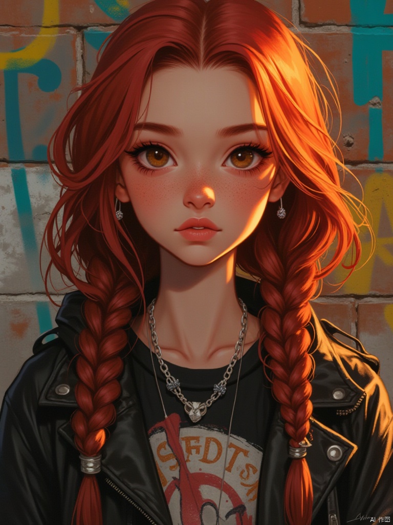 OBdonman,
Create a portrait of a teenage girl with fiery red hair, woven into intricate braids adorned with small, gleaming silver beads that catch the light. Her skin is kissed with a scattering of freckles across her nose and cheeks, lending a youthful charm to her face. Her eyes, a warm, inviting hazel brown, sparkle with a hint of rebellion. She wears a worn leather jacket, a symbol of her independent spirit, over a faded band t-shirt, showcasing her love for music. Multiple silver rings adorn her fingers, adding to her edgy, alternative style. The background is a gritty urban landscape, a canvas of brick walls splashed with vibrant graffiti art, a testament to the city's pulse and energy. The style should be edgy and modern, with a raw, unfiltered aesthetic, reflecting her rebellious spirit and urban roots. Capture a sense of unwavering confidence and a hint of defiance in her gaze, as if challenging the world to underestimate her.