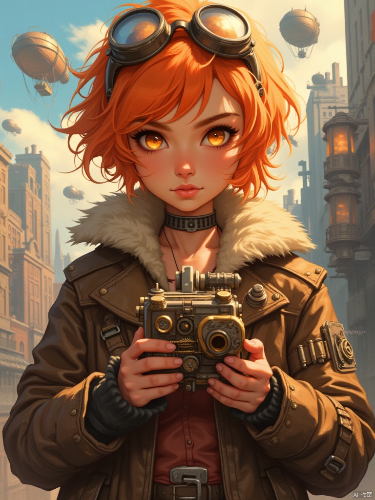 OBdonman,
Imagine a portrait of a young girl with short, choppy, fiery orange hair that frames her face like a halo of flames. Her eyes, a bright, determined shade of gold, burn with passion and a fierce independence. She wears a worn, leather aviator jacket and a pair of goggles perched atop her head. She holds a intricate, steampunk-inspired device in her hands, its gears and cogs whirring softly. The background is a bustling, steampunk-inspired city, with airships soaring through the sky and steam-powered machinery churning below. The style should be gritty and mechanical, capturing the girl's inventive spirit and the unique aesthetic of the steampunk world.