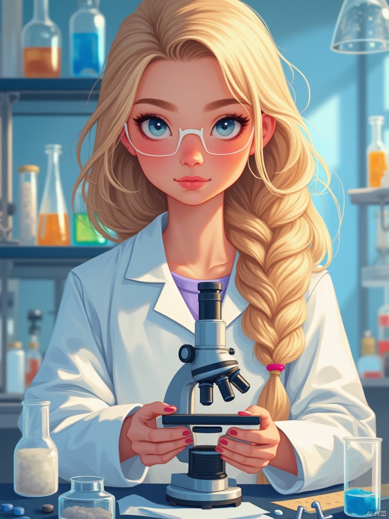 OBdonman,
Generate a portrait of a teenage girl with long, intricately braided blonde hair, each strand carefully woven into a complex pattern. Her clear, intelligent blue eyes sparkle with curiosity and a thirst for knowledge. She wears a crisp, white lab coat, a symbol of her dedication to scientific inquiry. In her hands, she holds a microscope, its metallic surface reflecting the bright lights of the laboratory. The background is a bustling science laboratory, filled with beakers, test tubes, and other scientific equipment. The style should be clean, modern, and precise, reflecting the meticulous nature of scientific work.