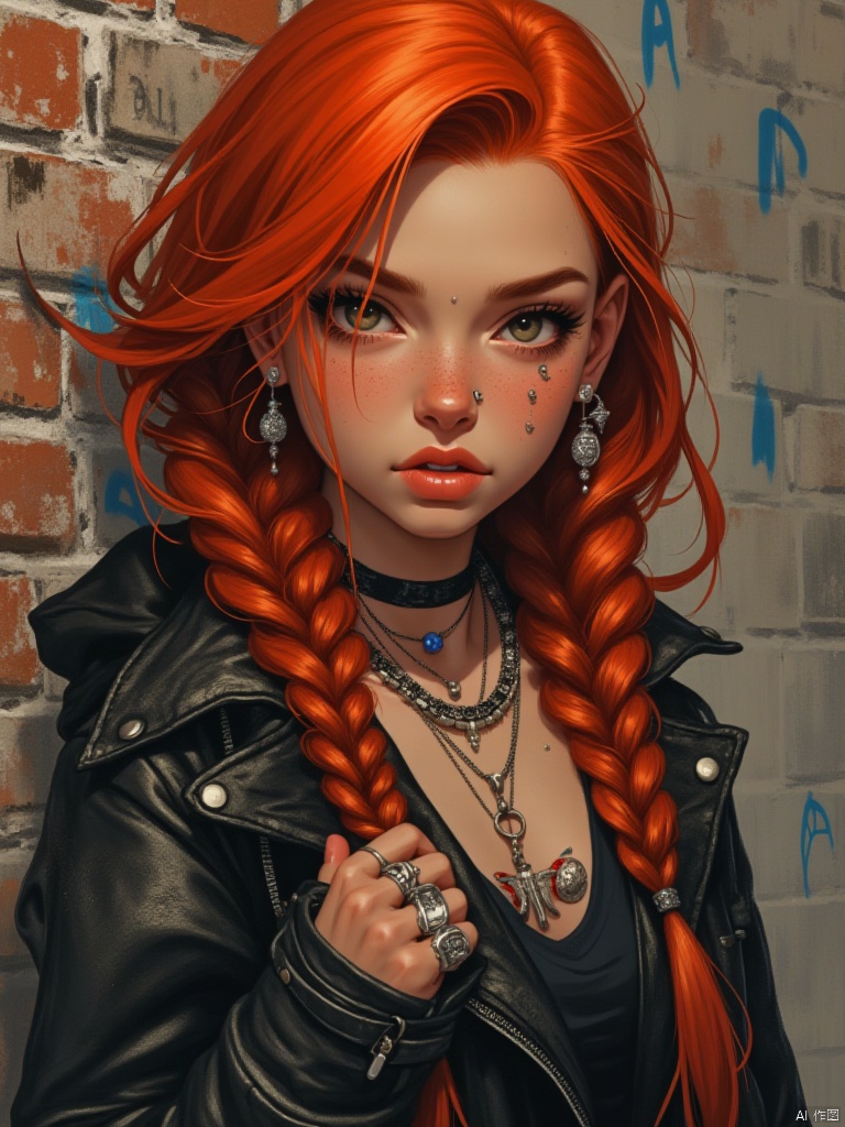 OBdonman,
Create a portrait of a teenage girl with fiery red hair styled in intricate braids, adorned with small, silver beads. She has freckles sprinkled across her nose and cheeks, and her eyes are a warm, hazel brown. She wears a leather jacket over a band t-shirt, and multiple silver rings adorn her fingers. The background is a gritty urban scene, featuring brick walls covered in graffiti. The style should be edgy and modern, with a touch of rebelliousness. Capture a sense of confidence and defiance in her gaze.