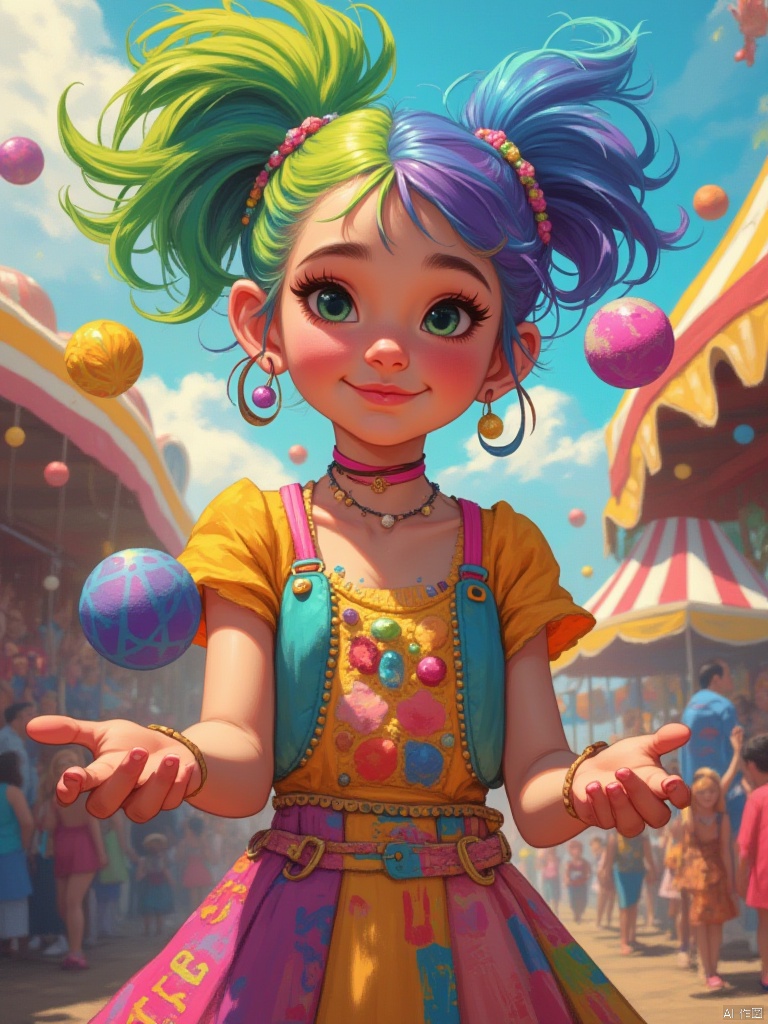 OBdonman,
Imagine a portrait of a teenage girl with vibrant, multi-colored hair, each strand a different hue, like a rainbow captured in human form. Her playful, mischievous green eyes sparkle with an infectious energy. She wears a brightly colored, patchwork dress, each piece of fabric a different texture and pattern, reflecting her eclectic style. She juggles brightly colored balls, her movements fluid and graceful. The background is a chaotic but vibrant carnival scene, with swirling lights, colorful tents, and the joyful sounds of laughter and music. The style should be energetic and whimsical, capturing the girl's playful spirit and the vibrant atmosphere of the carnival.