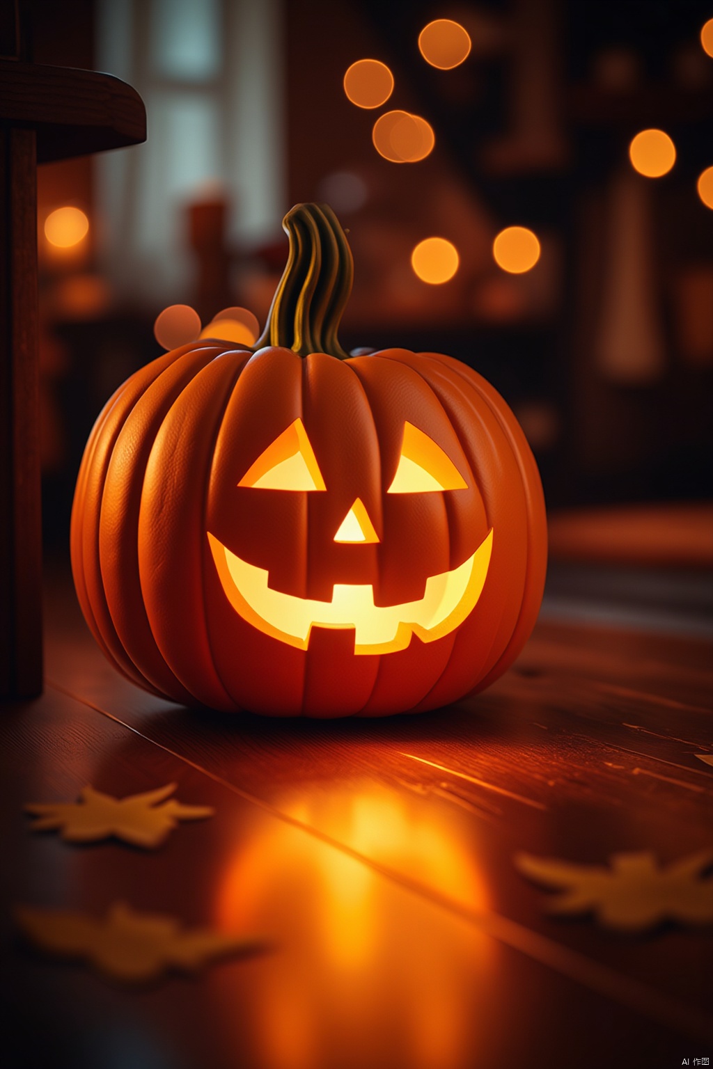 Halloween,blurry,no humans,depth of field,wooden floor,candle,pumpkin,pumpkin lantern